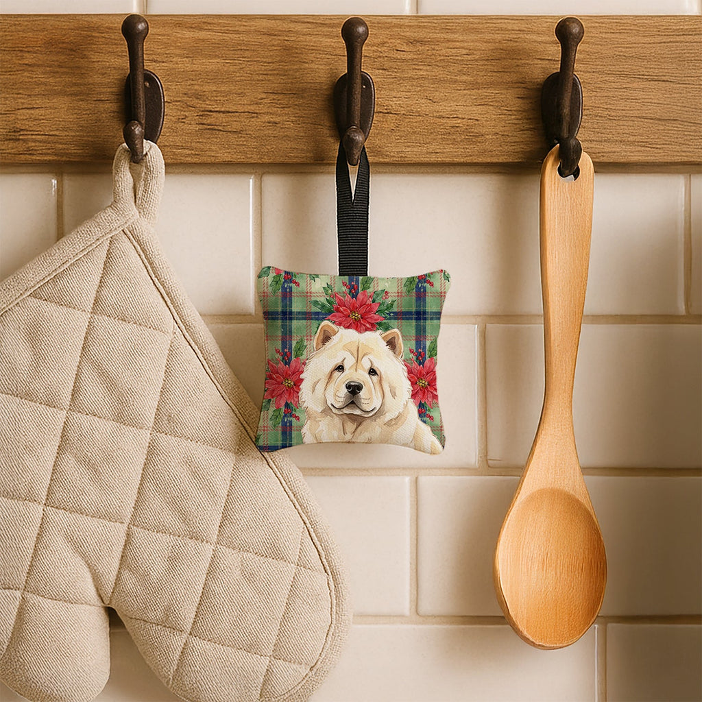 Cream Chow Chow Christmas PoinsettIas Hanging Square Fabric Ornament 3.5 � 3.5 Decorative Door-Knob & Tree Hanger, Soft Fabric