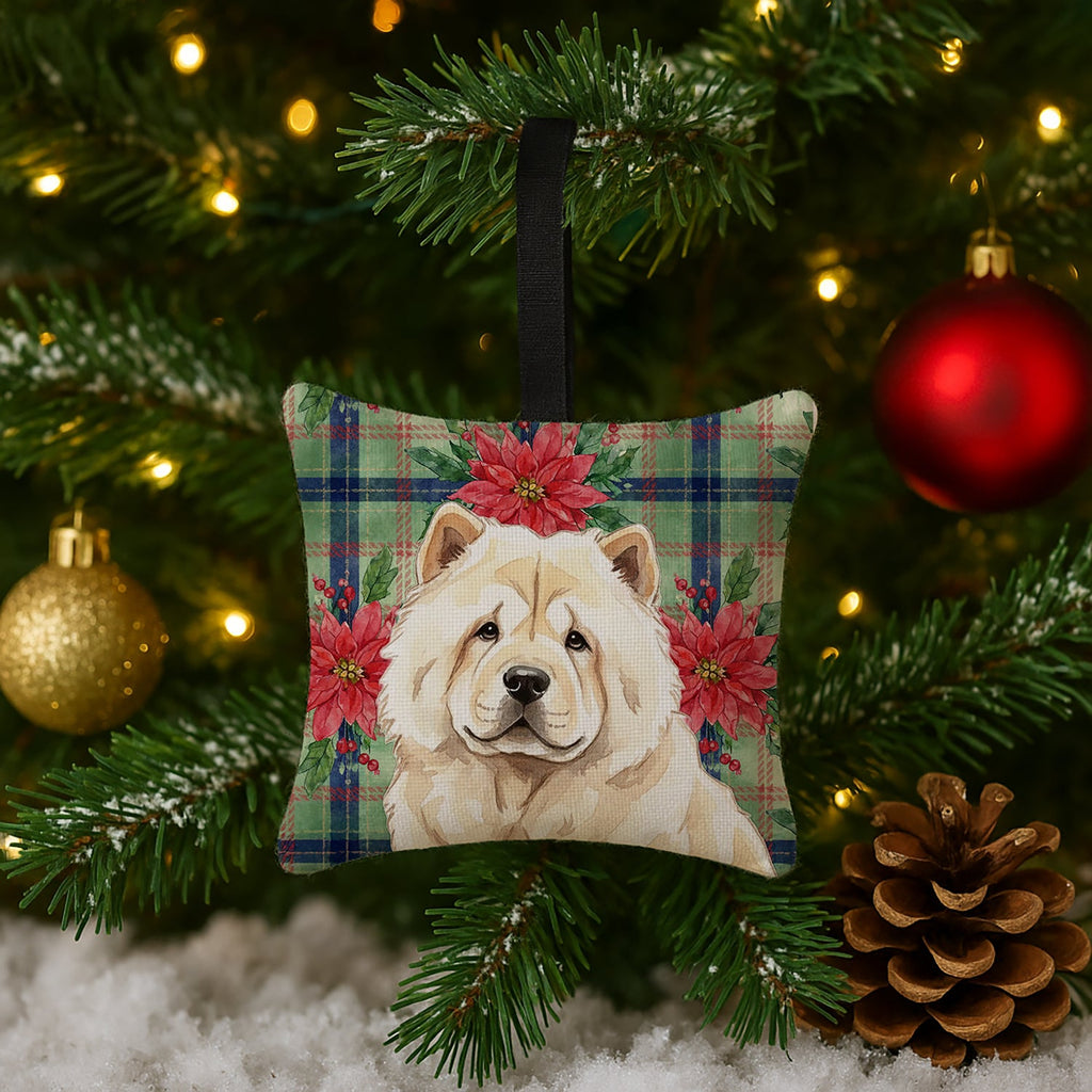 Cream Chow Chow Christmas PoinsettIas Hanging Square Fabric Ornament 3.5 � 3.5 Decorative Door-Knob & Tree Hanger, Soft Fabric