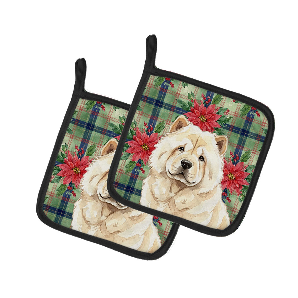 Cream Chow Chow Christmas PoinsettIas Pot Holder Set of 2 Heat Resistant Quilted Hot Pads 7.5 x 7.5 Inch, Insulated Kitchen Trivets for Cooking & Baking