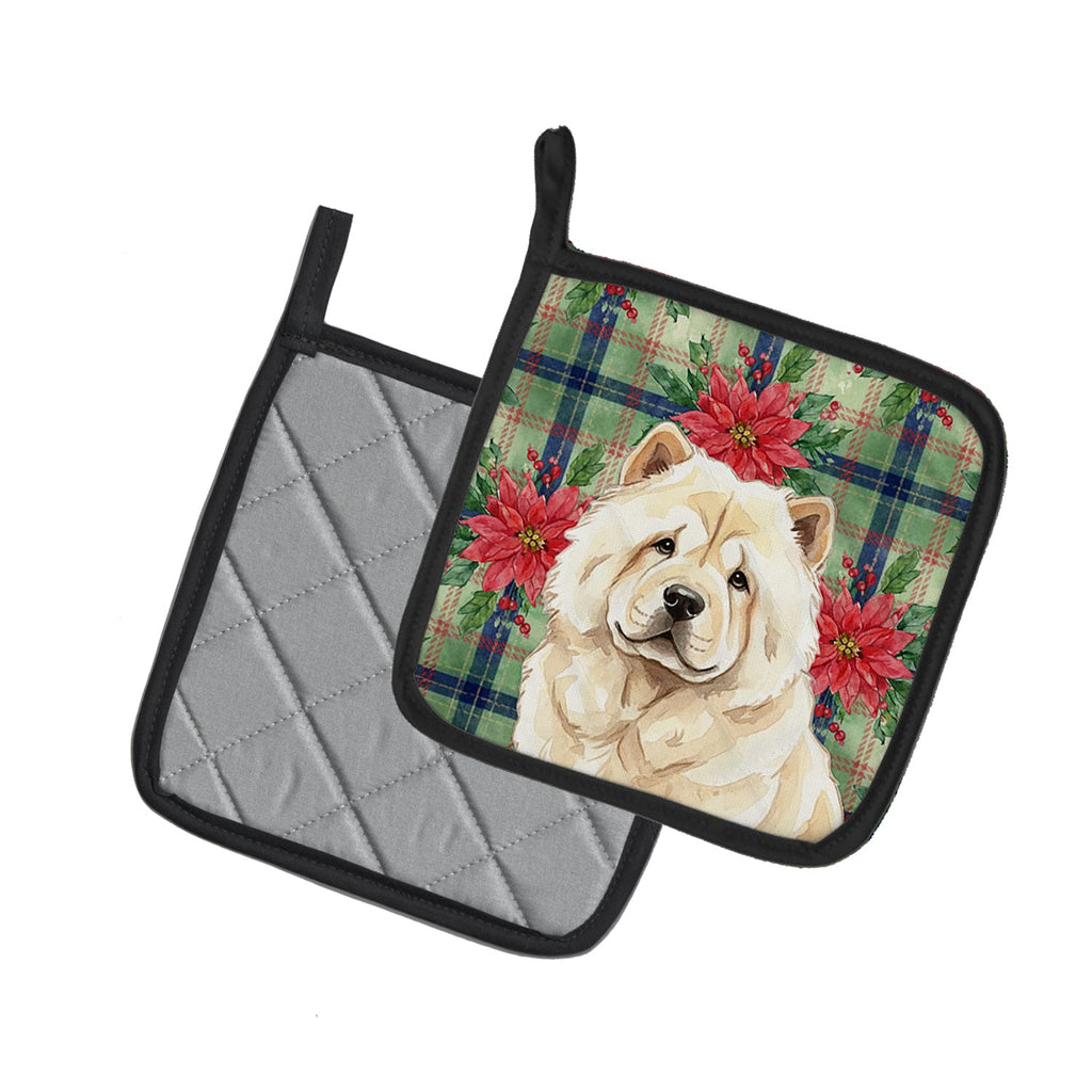 Cream Chow Chow Christmas PoinsettIas Pot Holder Set of 2 Heat Resistant Quilted Hot Pads 7.5 x 7.5 Inch, Insulated Kitchen Trivets for Cooking & Baking