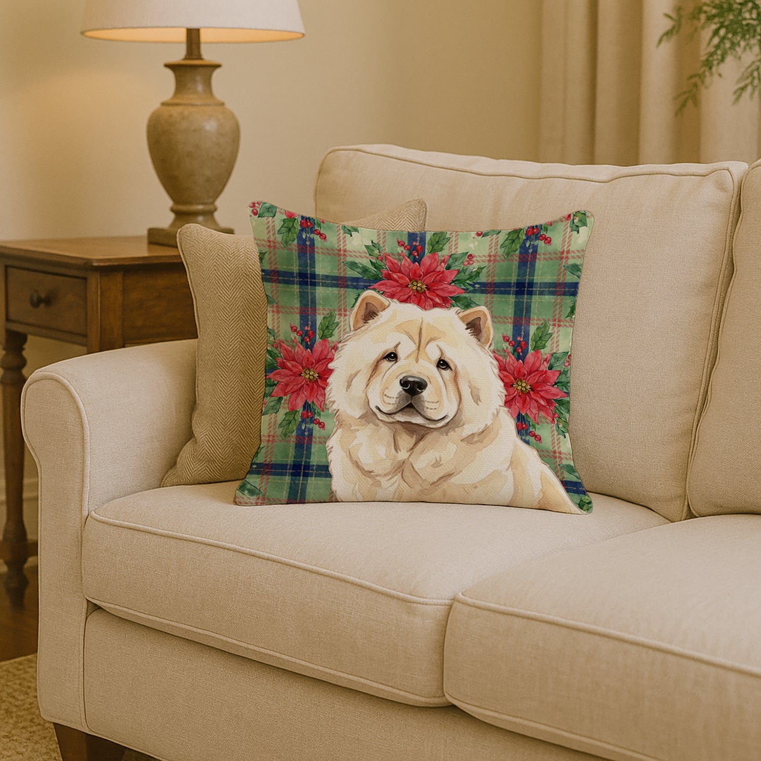 Cream Chow Chow Christmas PoinsettIas Decorative Throw Pillow 14x14 Indoor Outdoor Accent Cushion, Fabric Cover with Insert for Sofa, Bed, Porch & Living Room