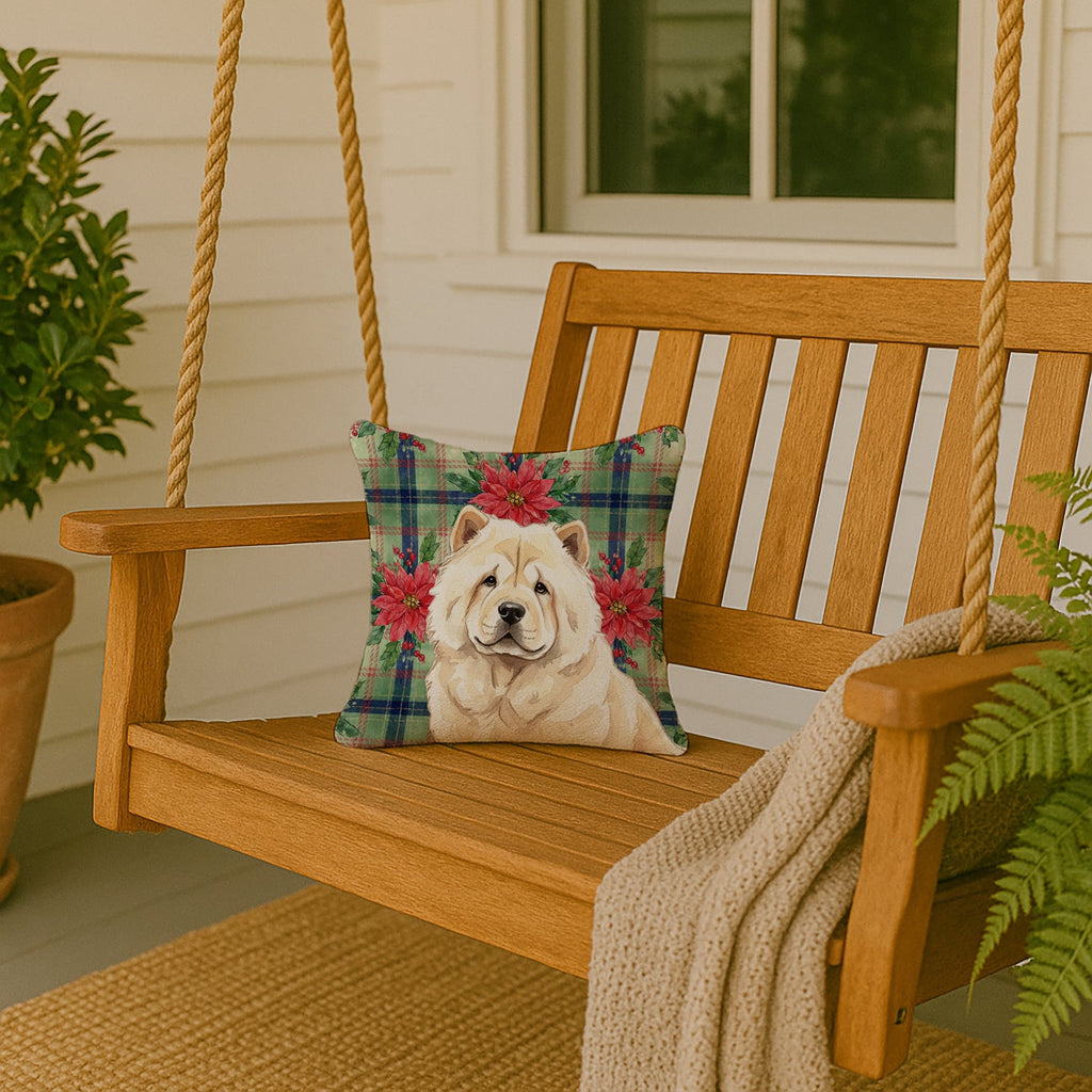 Cream Chow Chow Christmas PoinsettIas Decorative Throw Pillow 14x14 Indoor Outdoor Accent Cushion, Fabric Cover with Insert for Sofa, Bed, Porch & Living Room