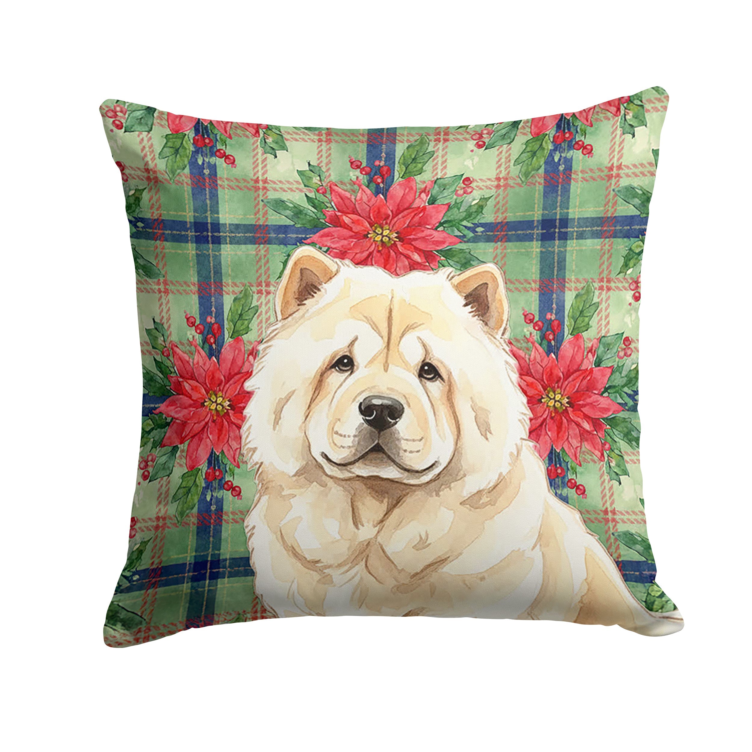 Cream Chow Chow Christmas PoinsettIas Decorative Throw Pillow 18x18 Indoor Outdoor Accent Cushion, Fabric Cover with Insert for Sofa, Bed, Porch & Living Room