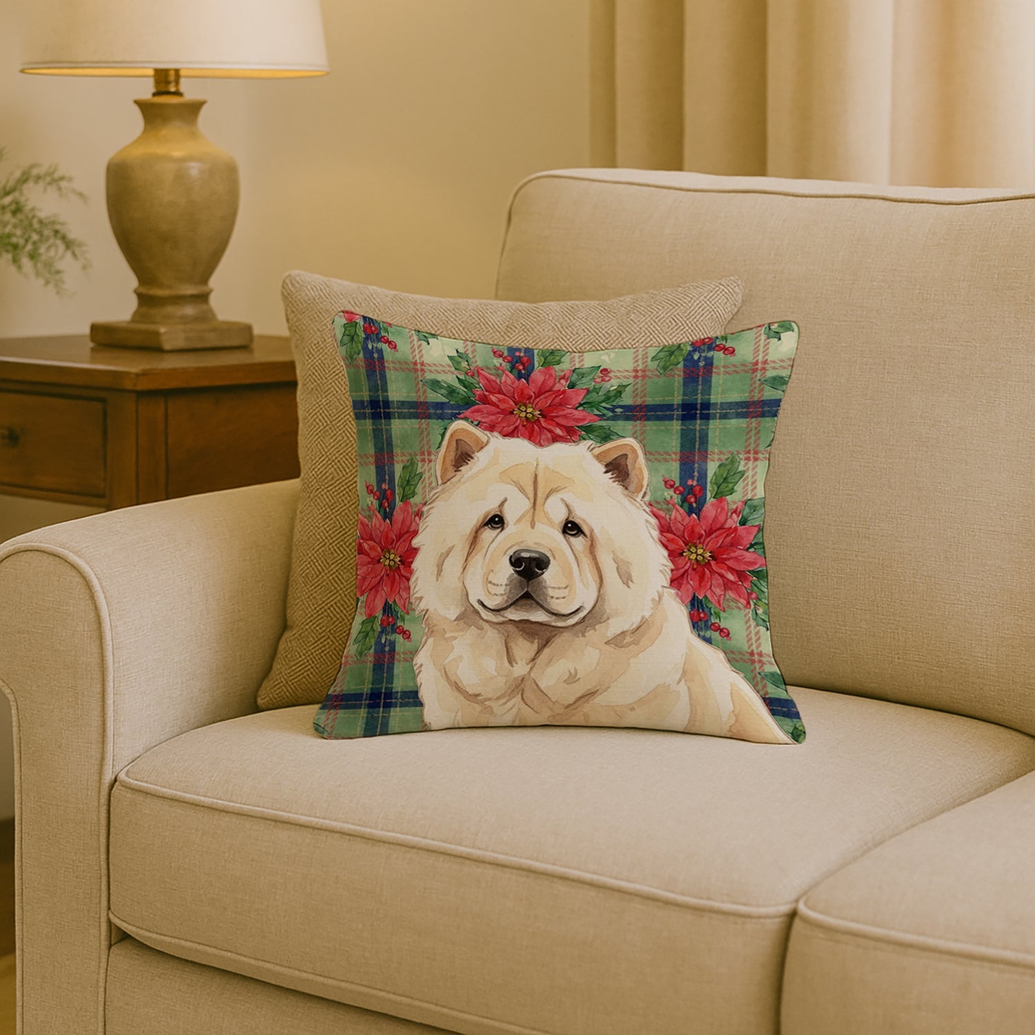 Cream Chow Chow Christmas PoinsettIas Decorative Throw Pillow 18x18 Indoor Outdoor Accent Cushion, Fabric Cover with Insert for Sofa, Bed, Porch & Living Room