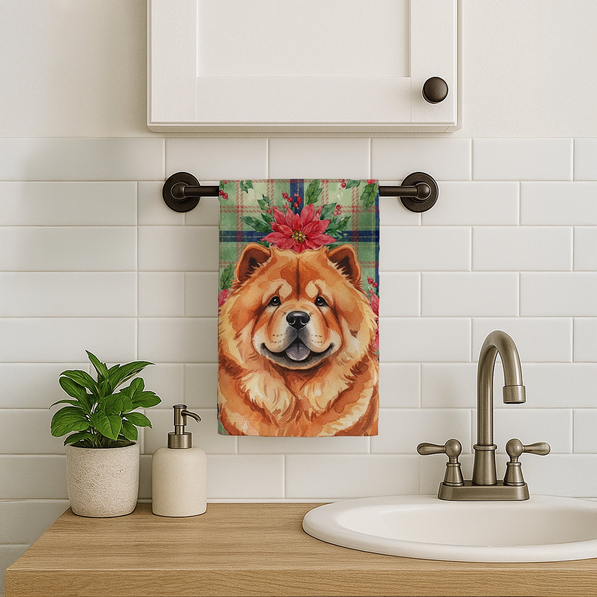 Red Chow Chow Christmas PoinsettIas Kitchen Towel Velour Plush Front and Cotton Loop Back Machine Washable