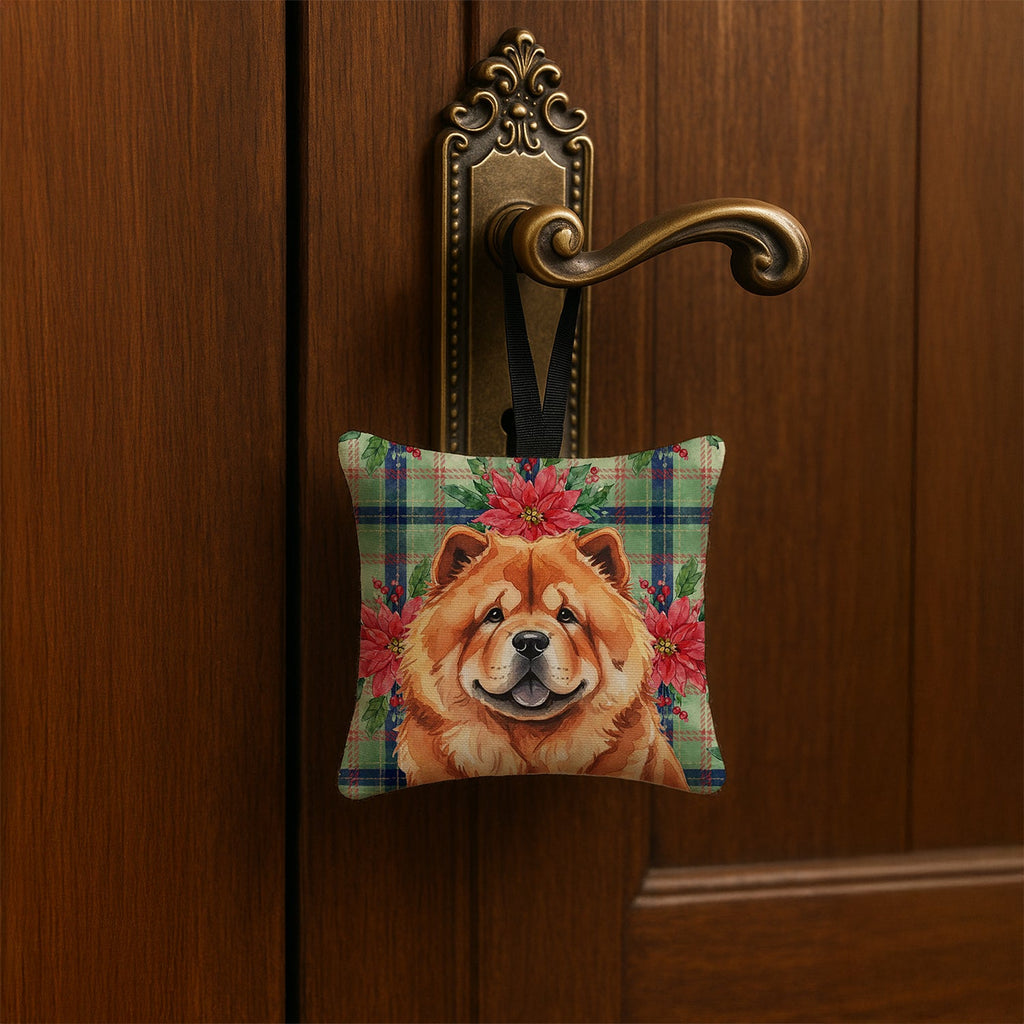 Red Chow Chow Christmas PoinsettIas Hanging Square Fabric Ornament 3.5 � 3.5 Decorative Door-Knob & Tree Hanger, Soft Fabric