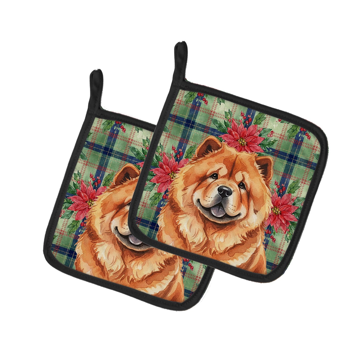 Red Chow Chow Christmas PoinsettIas Pot Holder Set of 2 Heat Resistant Quilted Hot Pads 7.5 x 7.5 Inch, Insulated Kitchen Trivets for Cooking & Baking