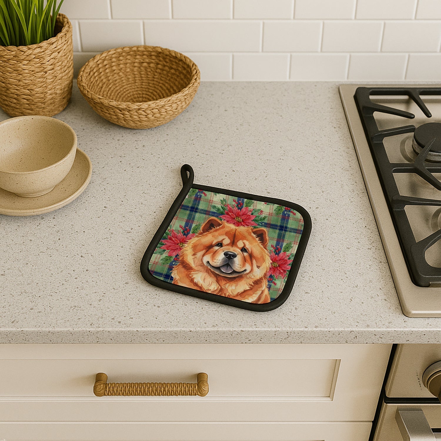 Red Chow Chow Christmas PoinsettIas Pot Holder Set of 2 Heat Resistant Quilted Hot Pads 7.5 x 7.5 Inch, Insulated Kitchen Trivets for Cooking & Baking