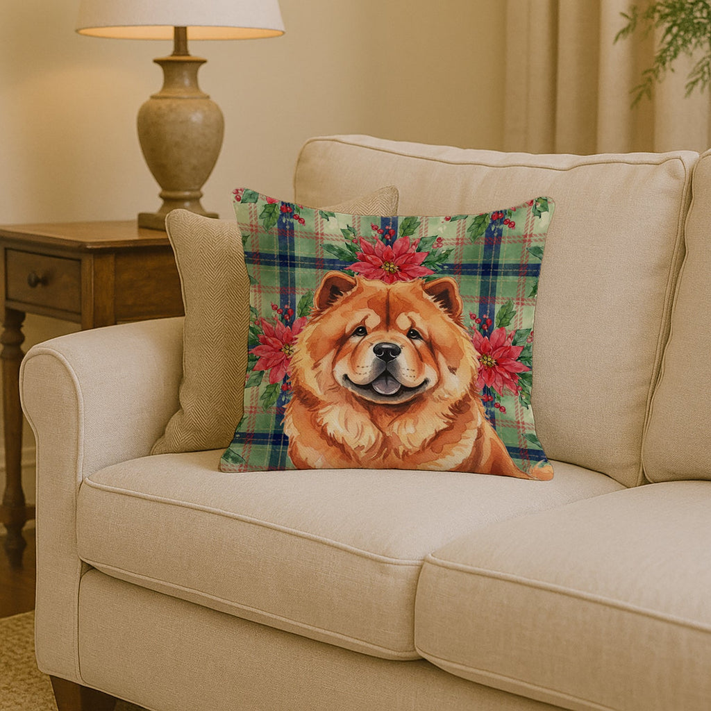 Red Chow Chow Christmas PoinsettIas Decorative Throw Pillow 14x14 Indoor Outdoor Accent Cushion, Fabric Cover with Insert for Sofa, Bed, Porch & Living Room
