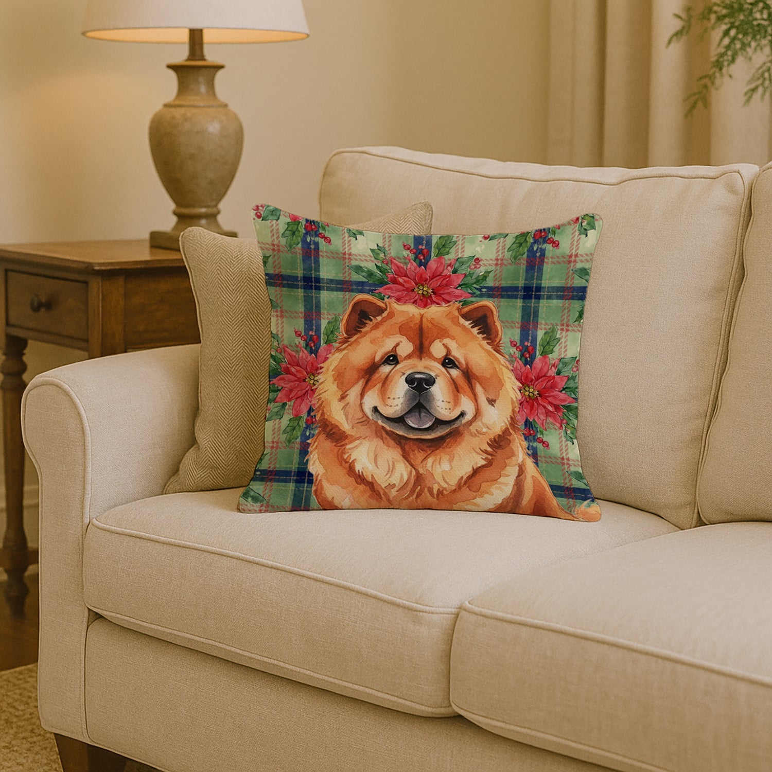 Red Chow Chow Christmas PoinsettIas Decorative Throw Pillow 14x14 Indoor Outdoor Accent Cushion, Fabric Cover with Insert for Sofa, Bed, Porch & Living Room