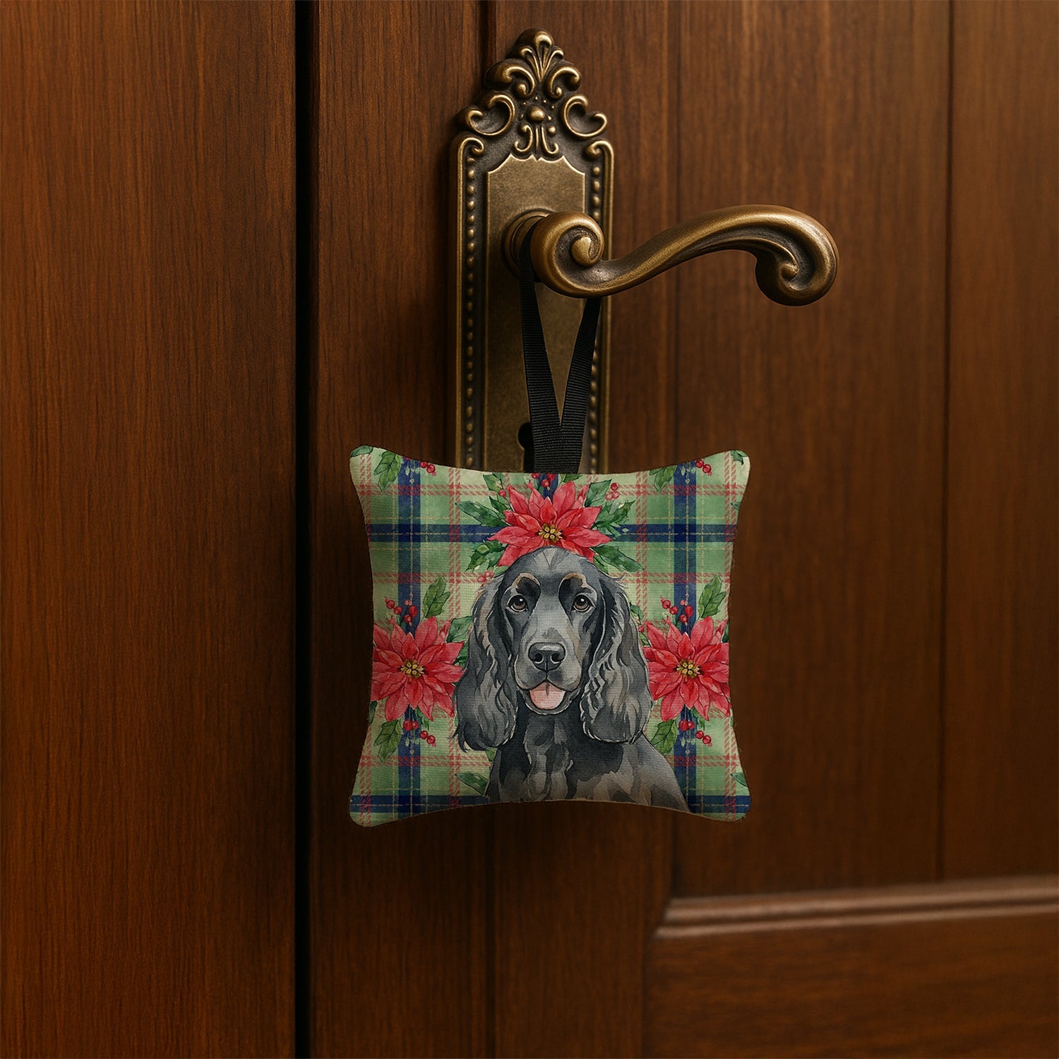 Black Cocker Spaniel Christmas PoinsettIas Hanging Square Fabric Ornament 3.5 � 3.5 Decorative Door-Knob & Tree Hanger, Soft Fabric