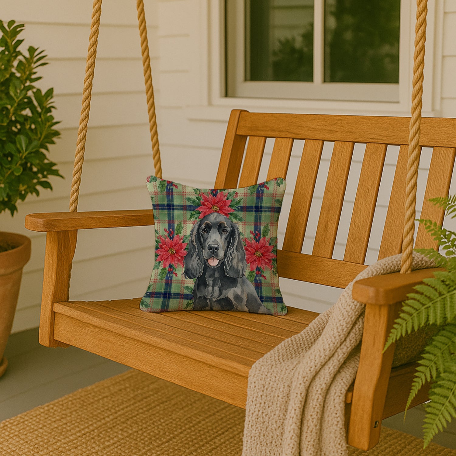 Black Cocker Spaniel Christmas PoinsettIas Decorative Throw Pillow 14x14 Indoor Outdoor Accent Cushion, Fabric Cover with Insert for Sofa, Bed, Porch & Living Room