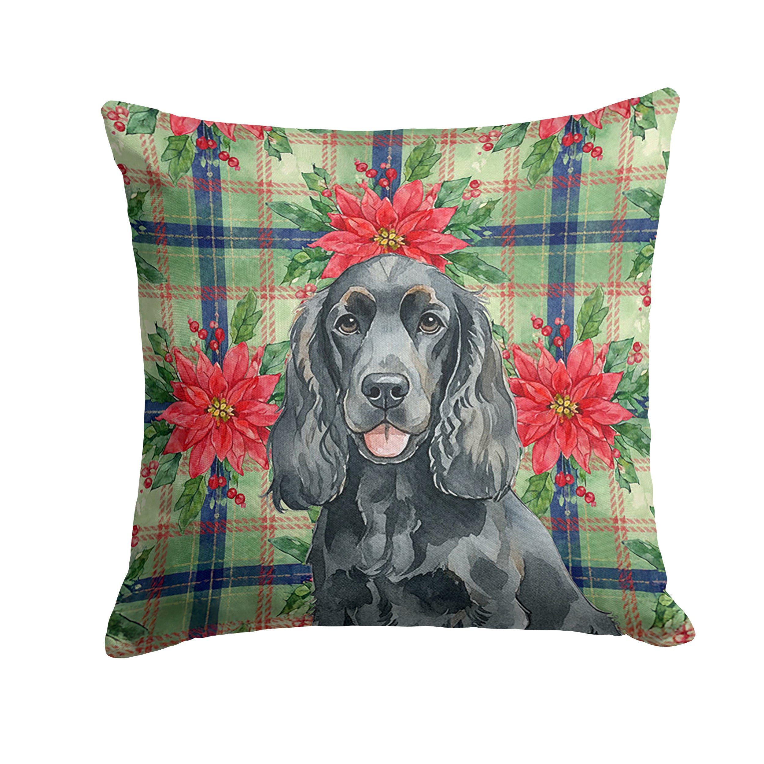 Black Cocker Spaniel Christmas PoinsettIas Decorative Throw Pillow 18x18 Indoor Outdoor Accent Cushion, Fabric Cover with Insert for Sofa, Bed, Porch & Living Room