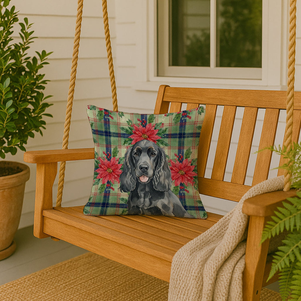 Black Cocker Spaniel Christmas PoinsettIas Decorative Throw Pillow 18x18 Indoor Outdoor Accent Cushion, Fabric Cover with Insert for Sofa, Bed, Porch & Living Room