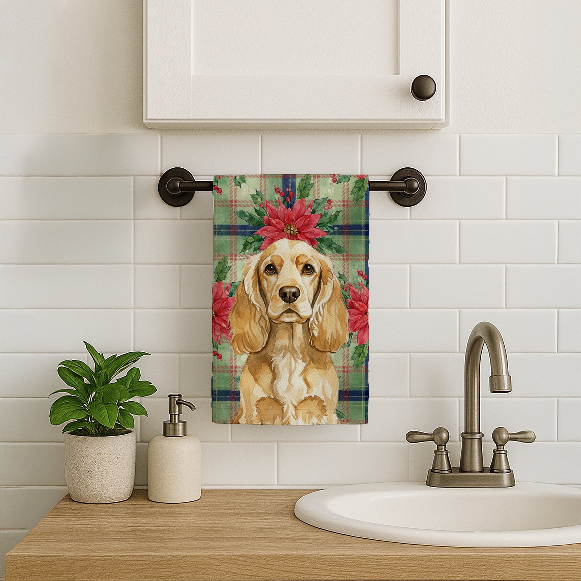 Buff Cocker Spaniel Christmas PoinsettIas Kitchen Towel Velour Plush Front and Cotton Loop Back Machine Washable