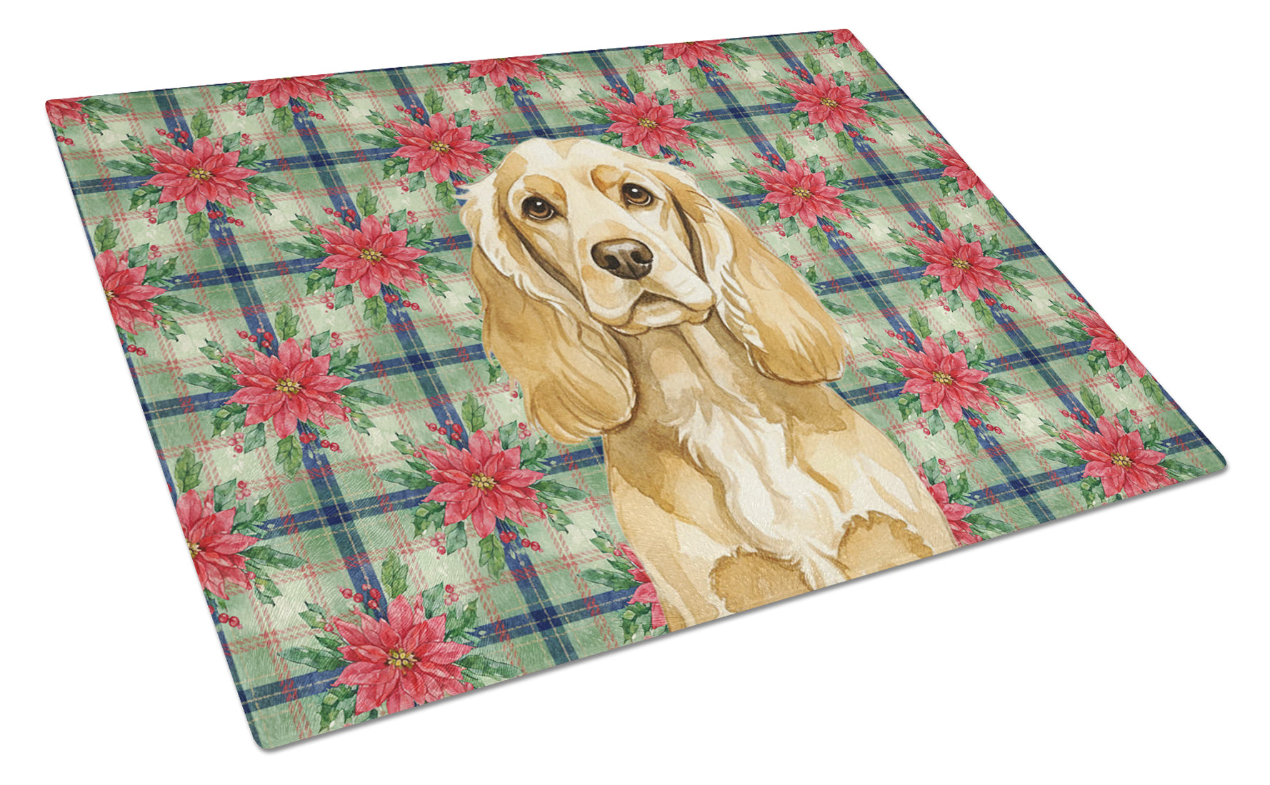 Buff Cocker Spaniel Christmas PoinsettIas Cutting Board Tempered Glass Kitchen Cutting Surface, Heat Resistant Chopping, Non-Slip Feet, Food Prep & Serving