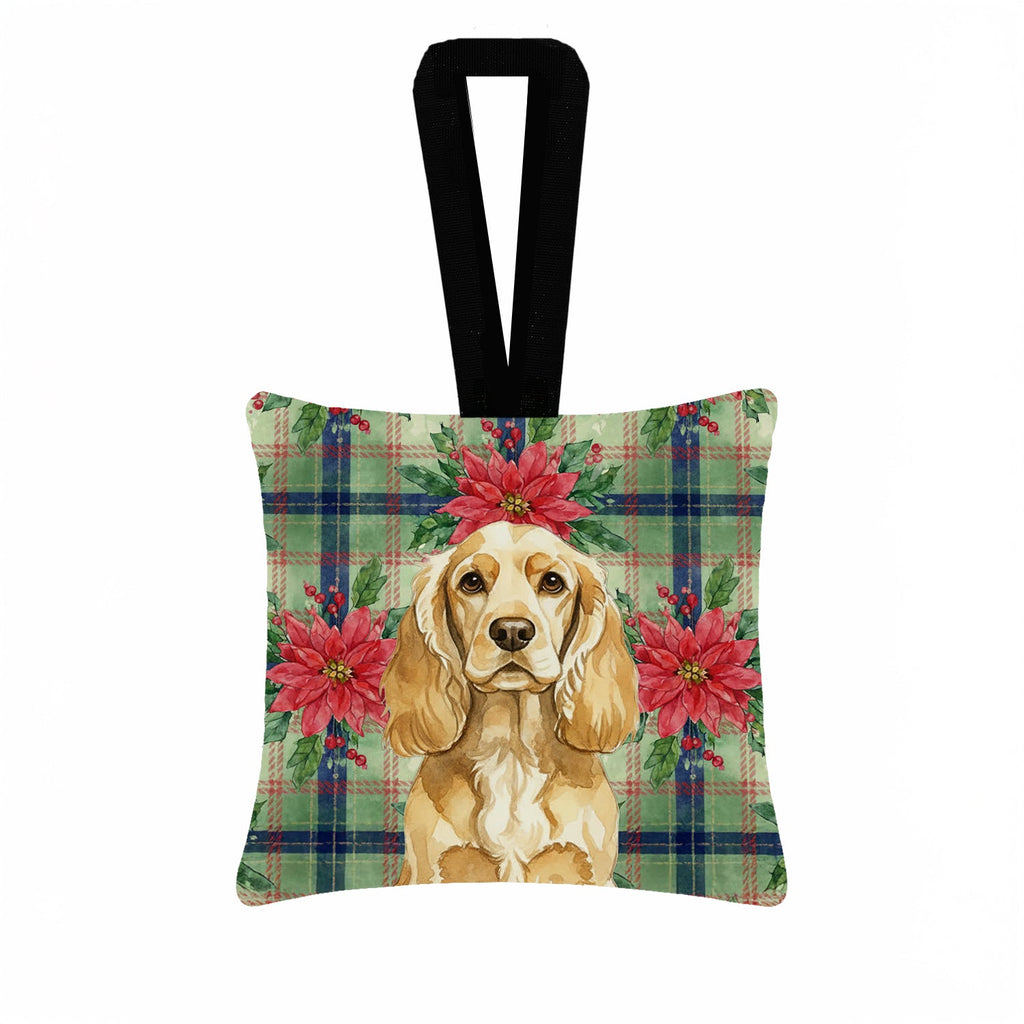 Buff Cocker Spaniel Christmas PoinsettIas Hanging Square Fabric Ornament 3.5 � 3.5 Decorative Door-Knob & Tree Hanger, Soft Fabric