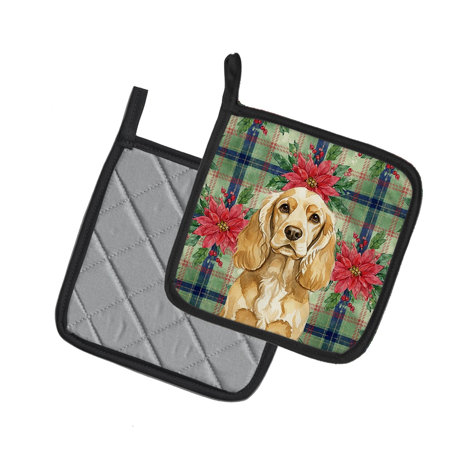 Buff Cocker Spaniel Christmas PoinsettIas Pot Holder Set of 2 Heat Resistant Quilted Hot Pads 7.5 x 7.5 Inch, Insulated Kitchen Trivets for Cooking & Baking