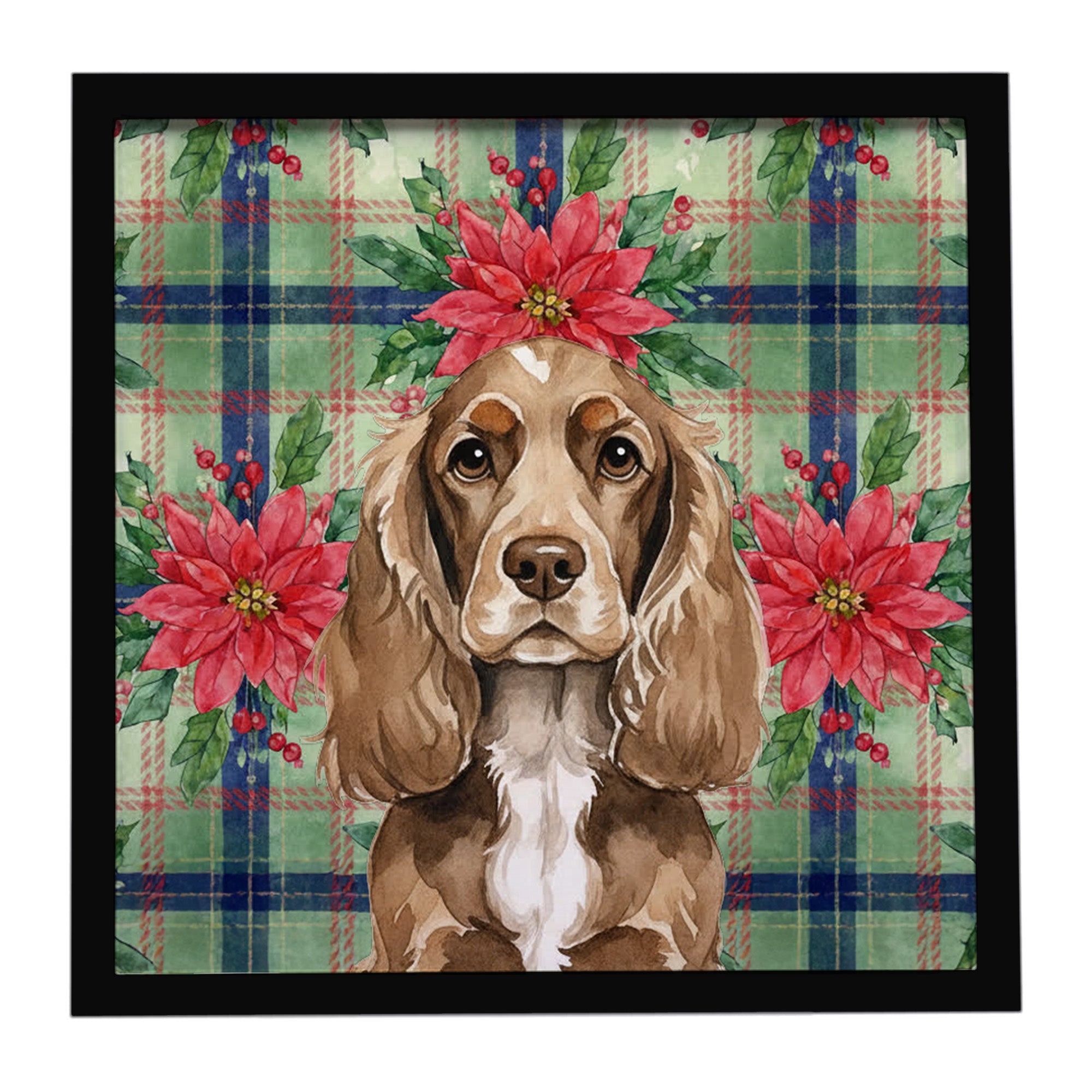 Chocolate Cocker Spaniel Christmas PoinsettIas Framed Metal Print Bathroom, Kitchen, Office, Home Decor Wall Art Ready to Hang, Square, 8X8