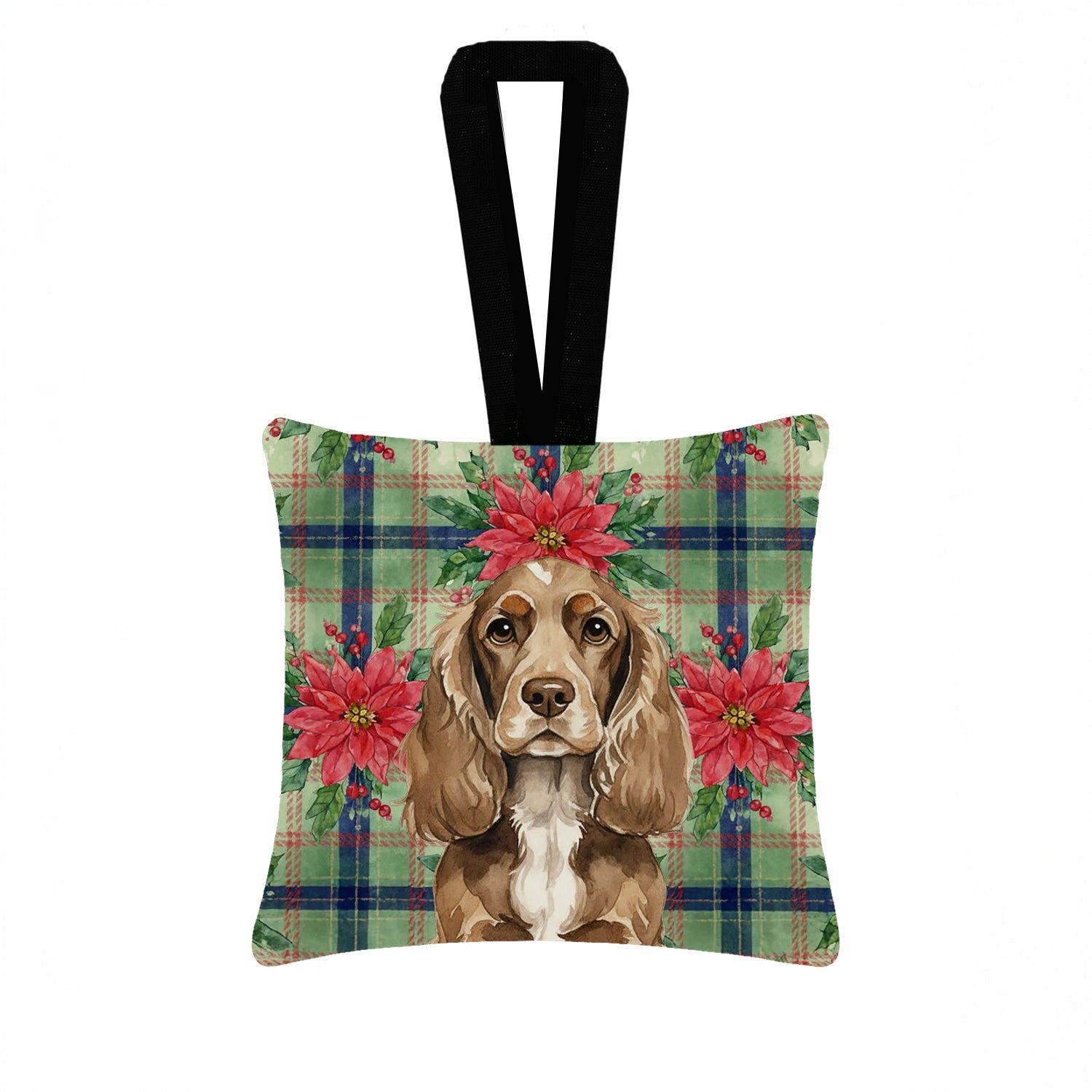 Chocolate Cocker Spaniel Christmas PoinsettIas Hanging Square Fabric Ornament 3.5 � 3.5 Decorative Door-Knob & Tree Hanger, Soft Fabric