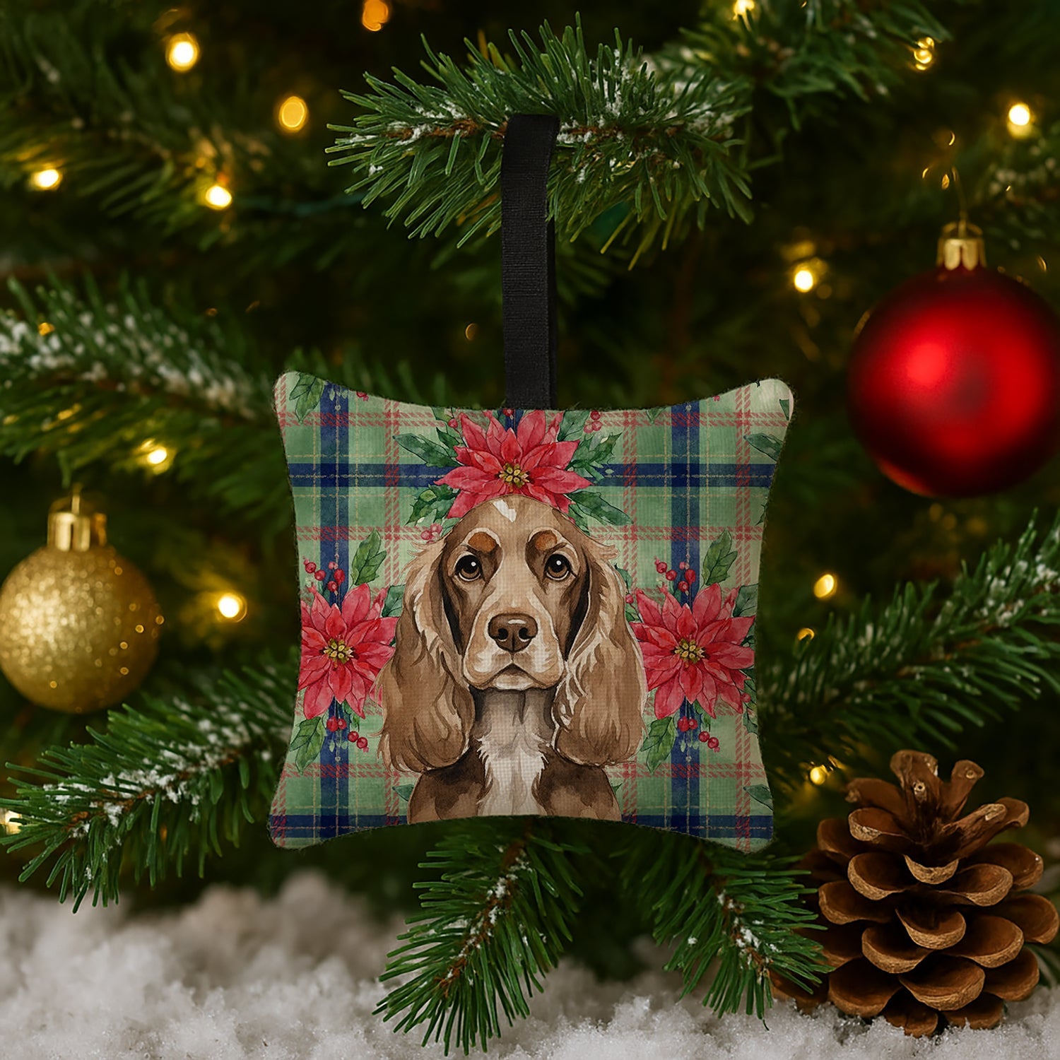 Chocolate Cocker Spaniel Christmas PoinsettIas Hanging Square Fabric Ornament 3.5 � 3.5 Decorative Door-Knob & Tree Hanger, Soft Fabric