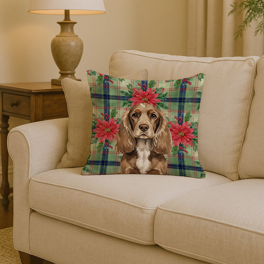 Chocolate Cocker Spaniel Christmas PoinsettIas Decorative Throw Pillow 14x14 Indoor Outdoor Accent Cushion, Fabric Cover with Insert for Sofa, Bed, Porch & Living Room