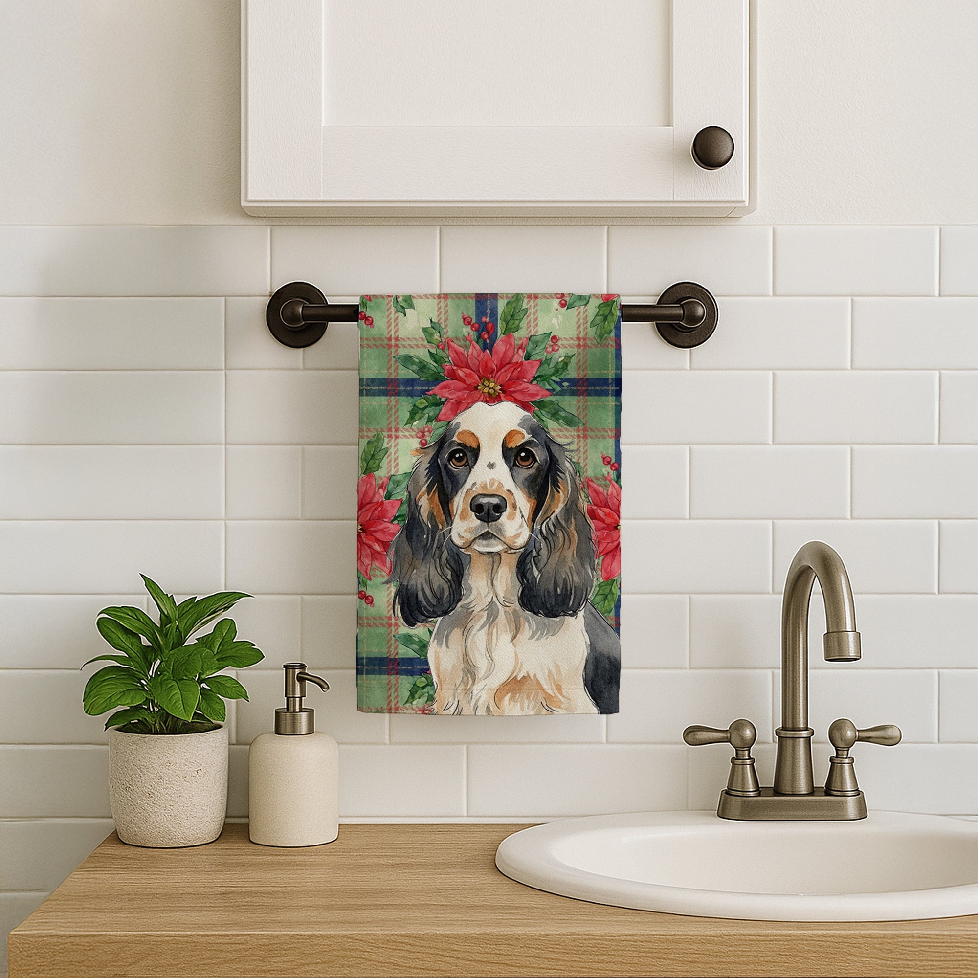 Parti Cocker Spaniel Christmas PoinsettIas Kitchen Towel Velour Plush Front and Cotton Loop Back Machine Washable