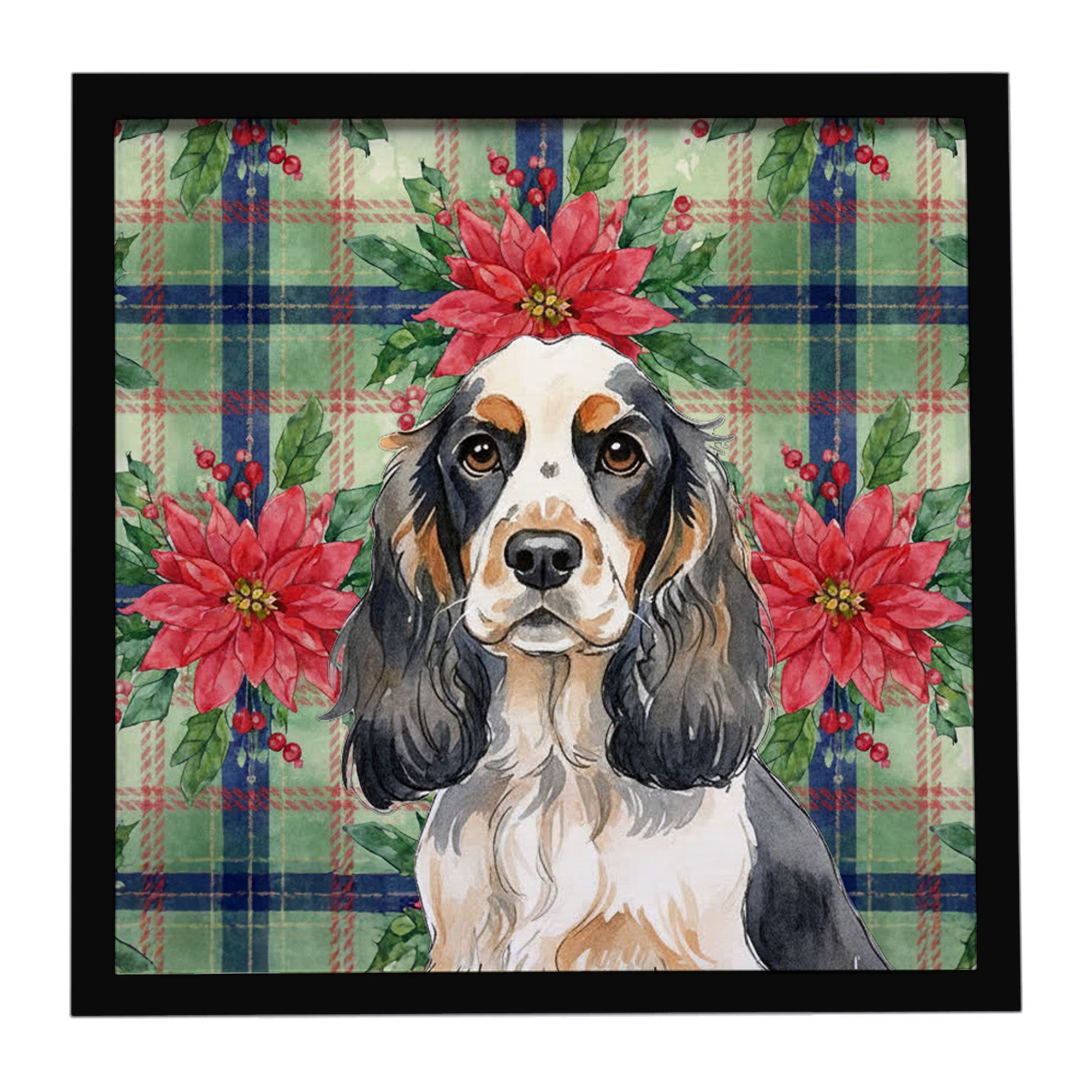 Parti Cocker Spaniel Christmas PoinsettIas Framed Metal Print Bathroom, Kitchen, Office, Home Decor Wall Art Ready to Hang, Square, 8X8