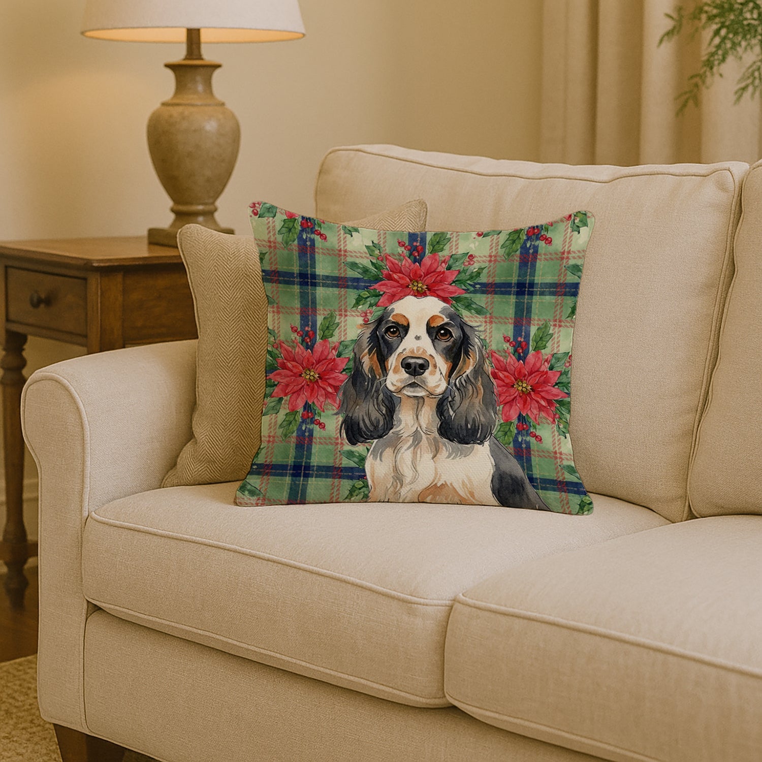Parti Cocker Spaniel Christmas PoinsettIas Decorative Throw Pillow 14x14 Indoor Outdoor Accent Cushion, Fabric Cover with Insert for Sofa, Bed, Porch & Living Room