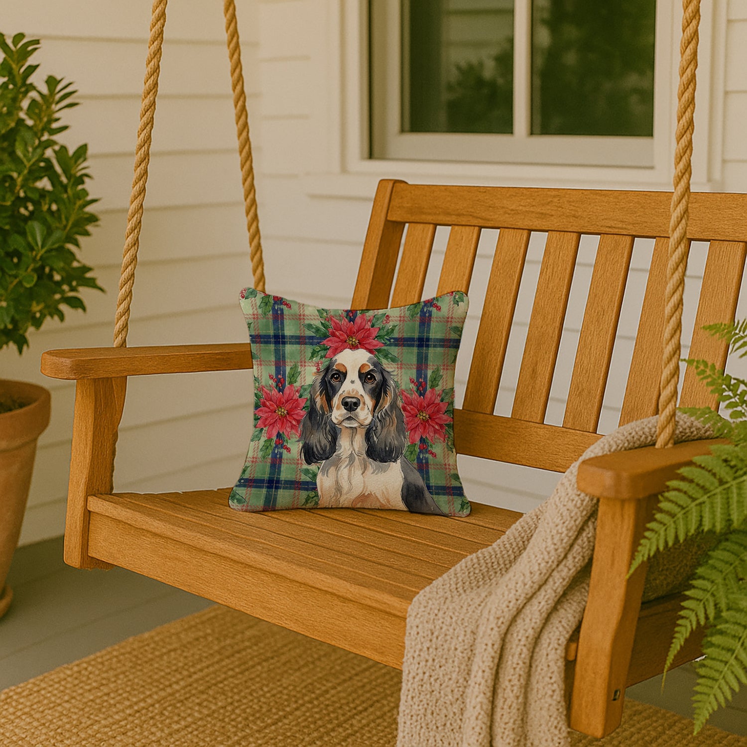 Parti Cocker Spaniel Christmas PoinsettIas Decorative Throw Pillow 14x14 Indoor Outdoor Accent Cushion, Fabric Cover with Insert for Sofa, Bed, Porch & Living Room