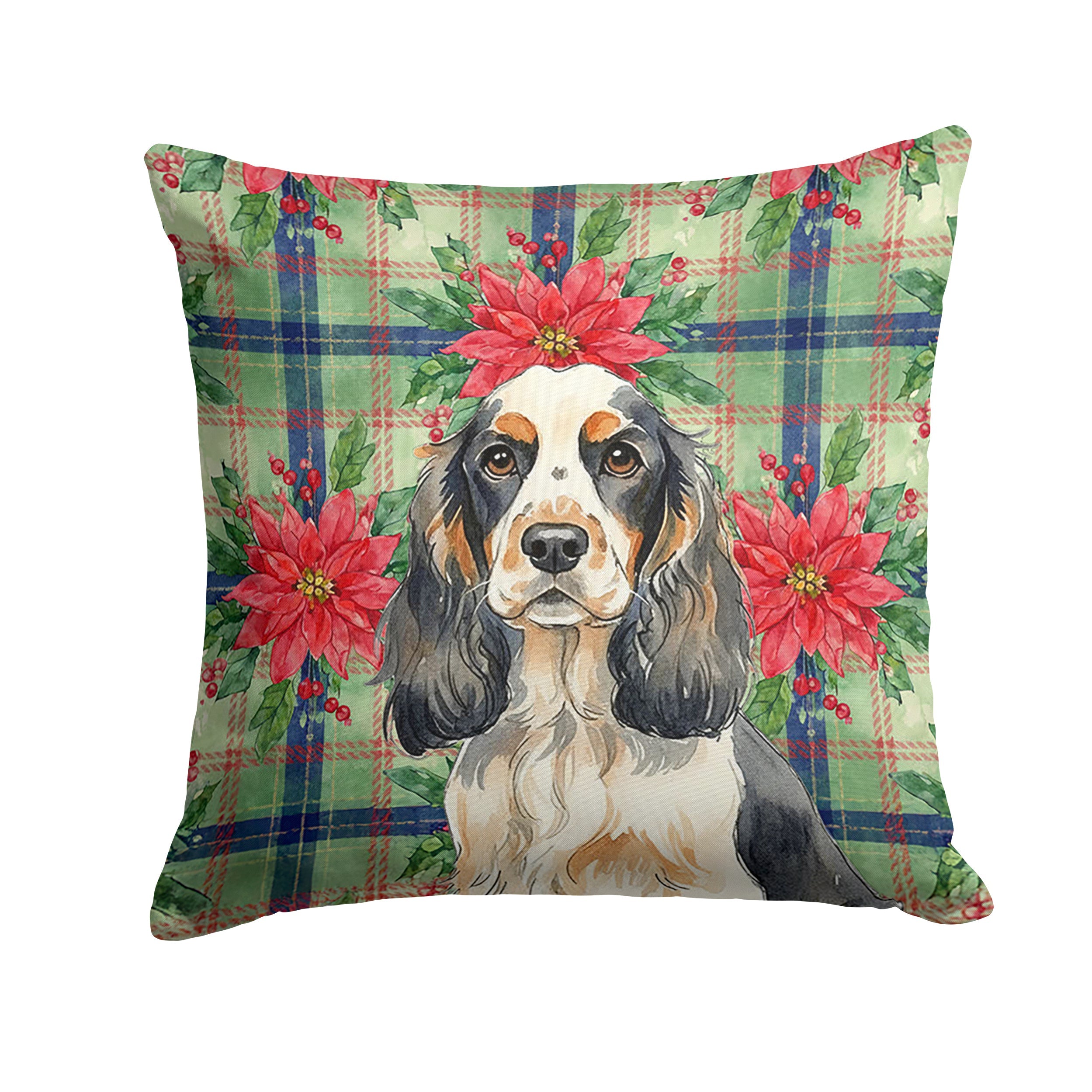 Parti Cocker Spaniel Christmas PoinsettIas Decorative Throw Pillow 18x18 Indoor Outdoor Accent Cushion, Fabric Cover with Insert for Sofa, Bed, Porch & Living Room