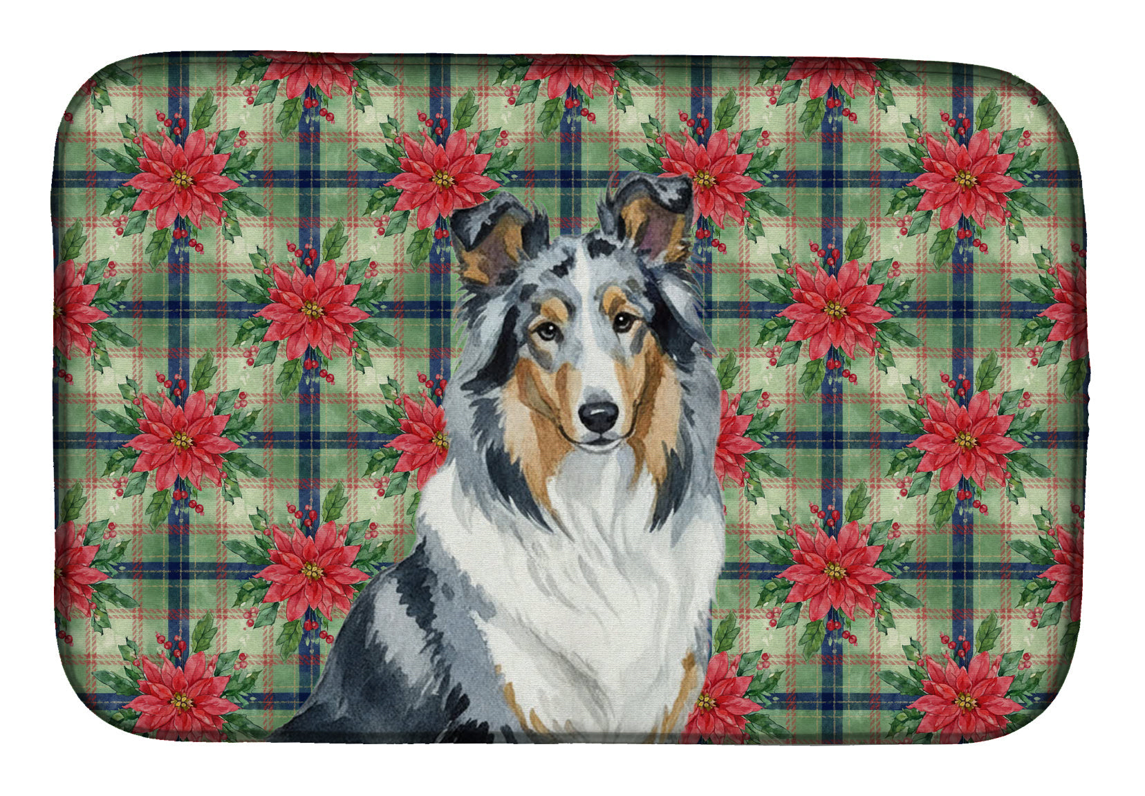 Blue Merle Collie Christmas PoinsettIas Dish Drying Mat Absorbent Dish Drying Mat Pad for Kitchen Counter Dish Drainer Mat for Countertop, 14 x 21", Multicolor