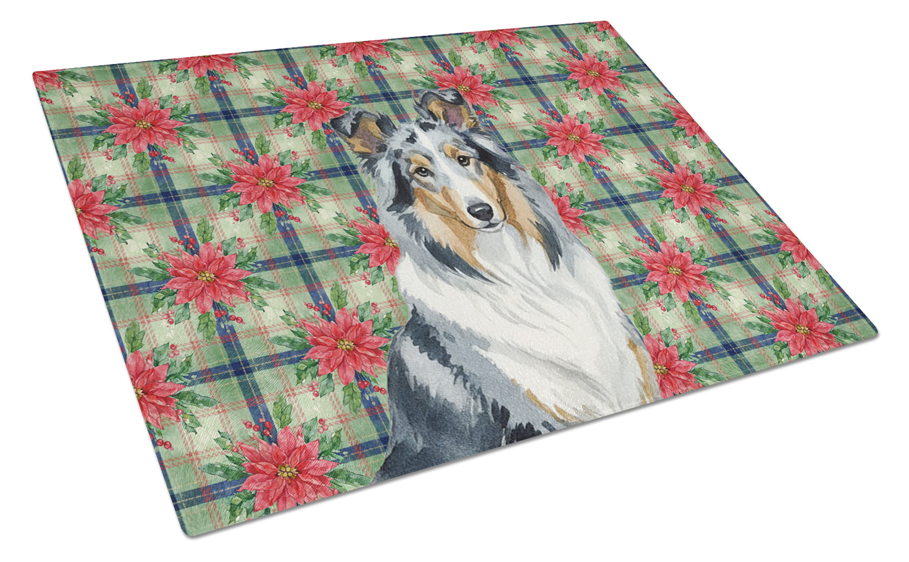 Blue Merle Collie Christmas PoinsettIas Cutting Board Tempered Glass Kitchen Cutting Surface, Heat Resistant Chopping, Non-Slip Feet, Food Prep & Serving