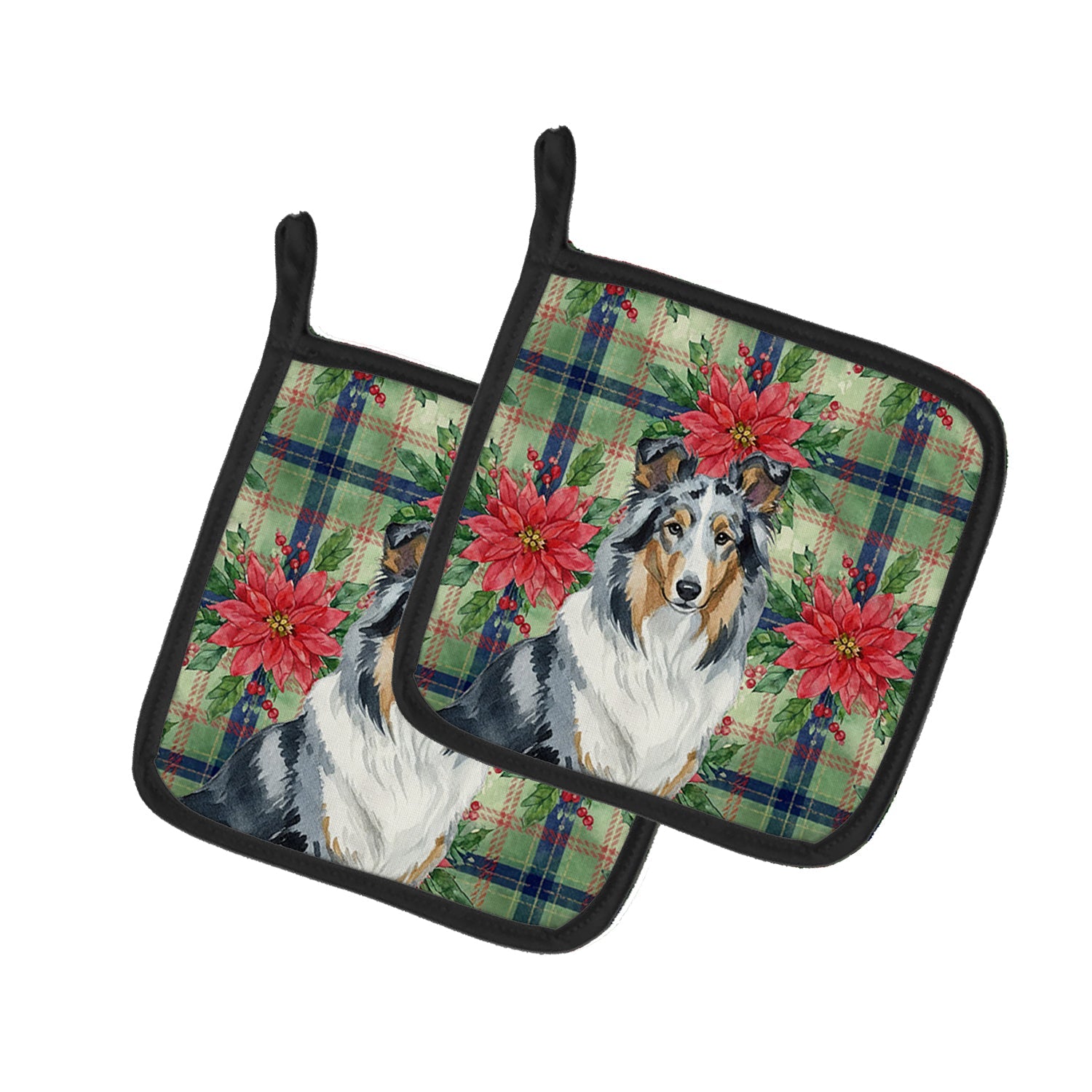 Blue Merle Collie Christmas PoinsettIas Pot Holder Set of 2 Heat Resistant Quilted Hot Pads 7.5 x 7.5 Inch, Insulated Kitchen Trivets for Cooking & Baking