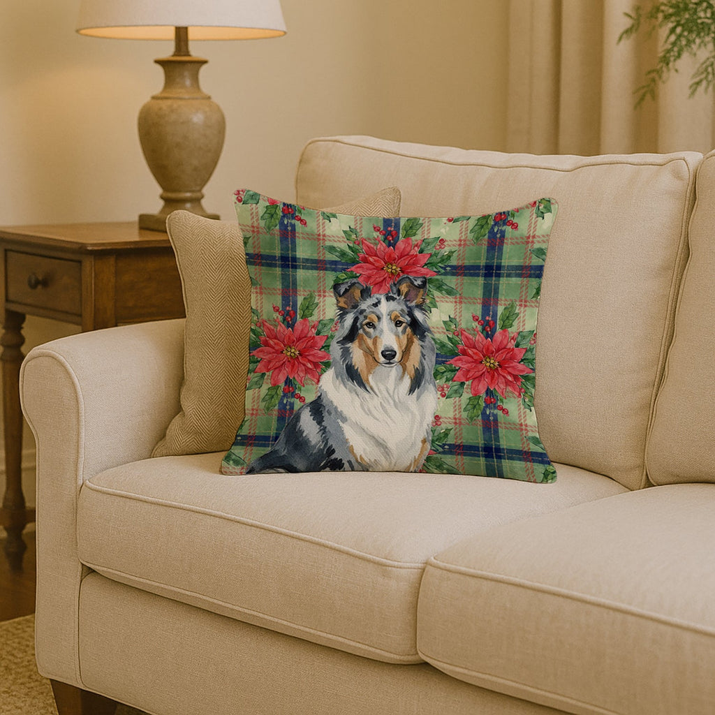 Blue Merle Collie Christmas PoinsettIas Decorative Throw Pillow 14x14 Indoor Outdoor Accent Cushion, Fabric Cover with Insert for Sofa, Bed, Porch & Living Room