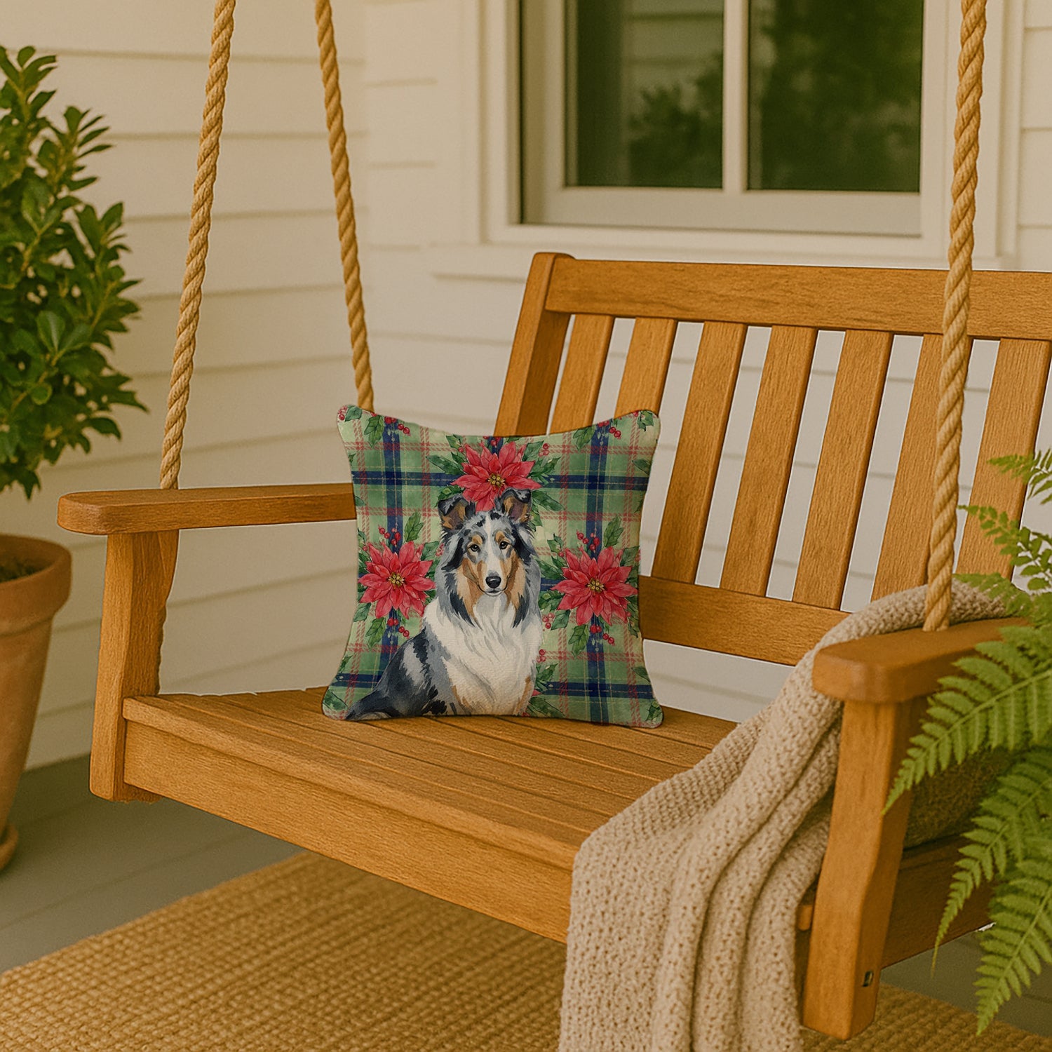 Blue Merle Collie Christmas PoinsettIas Decorative Throw Pillow 14x14 Indoor Outdoor Accent Cushion, Fabric Cover with Insert for Sofa, Bed, Porch & Living Room