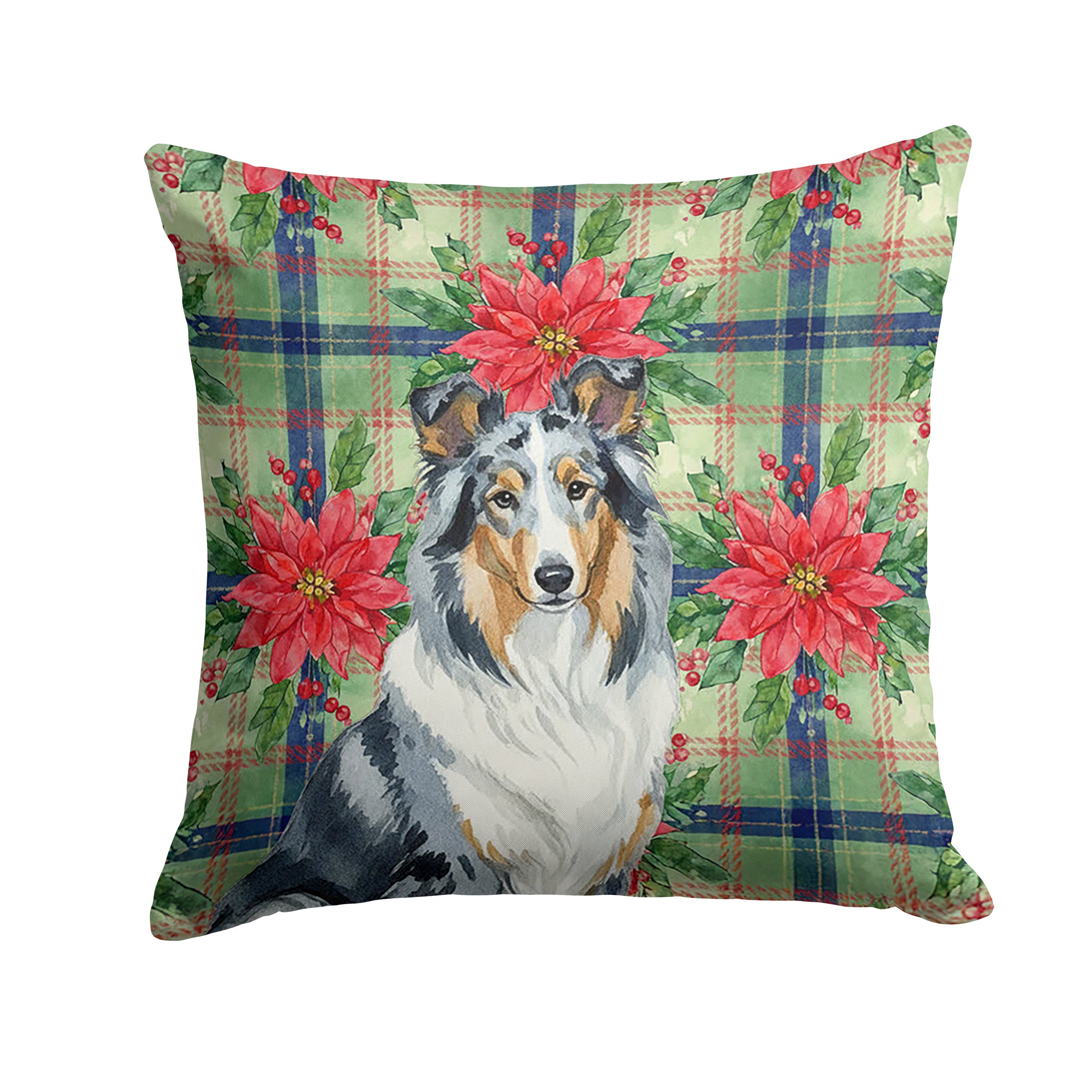 Blue Merle Collie Christmas PoinsettIas Decorative Throw Pillow 18x18 Indoor Outdoor Accent Cushion, Fabric Cover with Insert for Sofa, Bed, Porch & Living Room