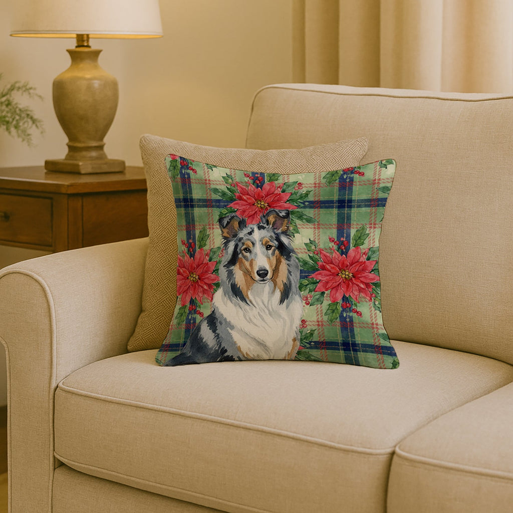 Blue Merle Collie Christmas PoinsettIas Decorative Throw Pillow 18x18 Indoor Outdoor Accent Cushion, Fabric Cover with Insert for Sofa, Bed, Porch & Living Room