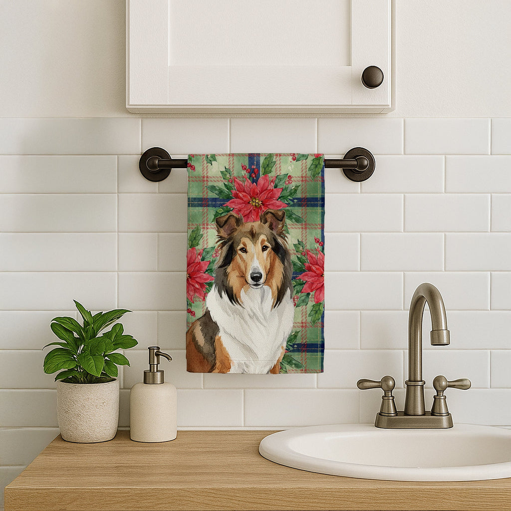 Sable Collie Christmas PoinsettIas Kitchen Towel Velour Plush Front and Cotton Loop Back Machine Washable