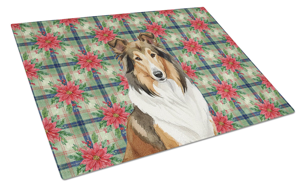 Sable Collie Christmas PoinsettIas Cutting Board Tempered Glass Kitchen Cutting Surface, Heat Resistant Chopping, Non-Slip Feet, Food Prep & Serving