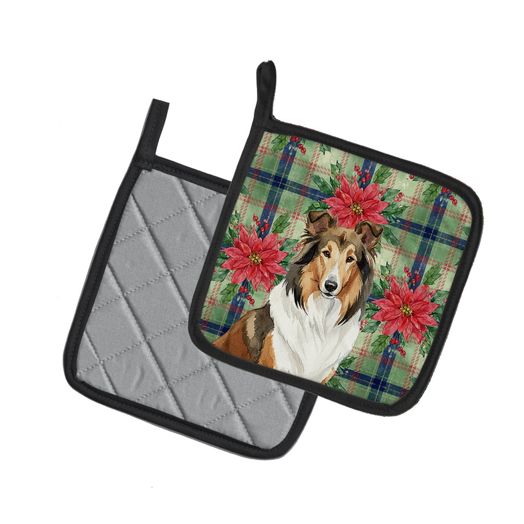 Sable Collie Christmas PoinsettIas Pot Holder Set of 2 Heat Resistant Quilted Hot Pads 7.5 x 7.5 Inch, Insulated Kitchen Trivets for Cooking & Baking