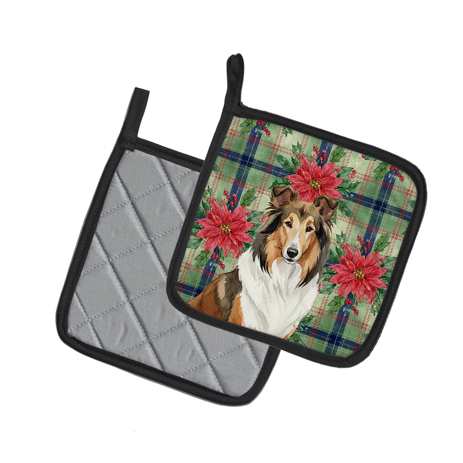 Sable Collie Christmas PoinsettIas Pot Holder Set of 2 Heat Resistant Quilted Hot Pads 7.5 x 7.5 Inch, Insulated Kitchen Trivets for Cooking & Baking