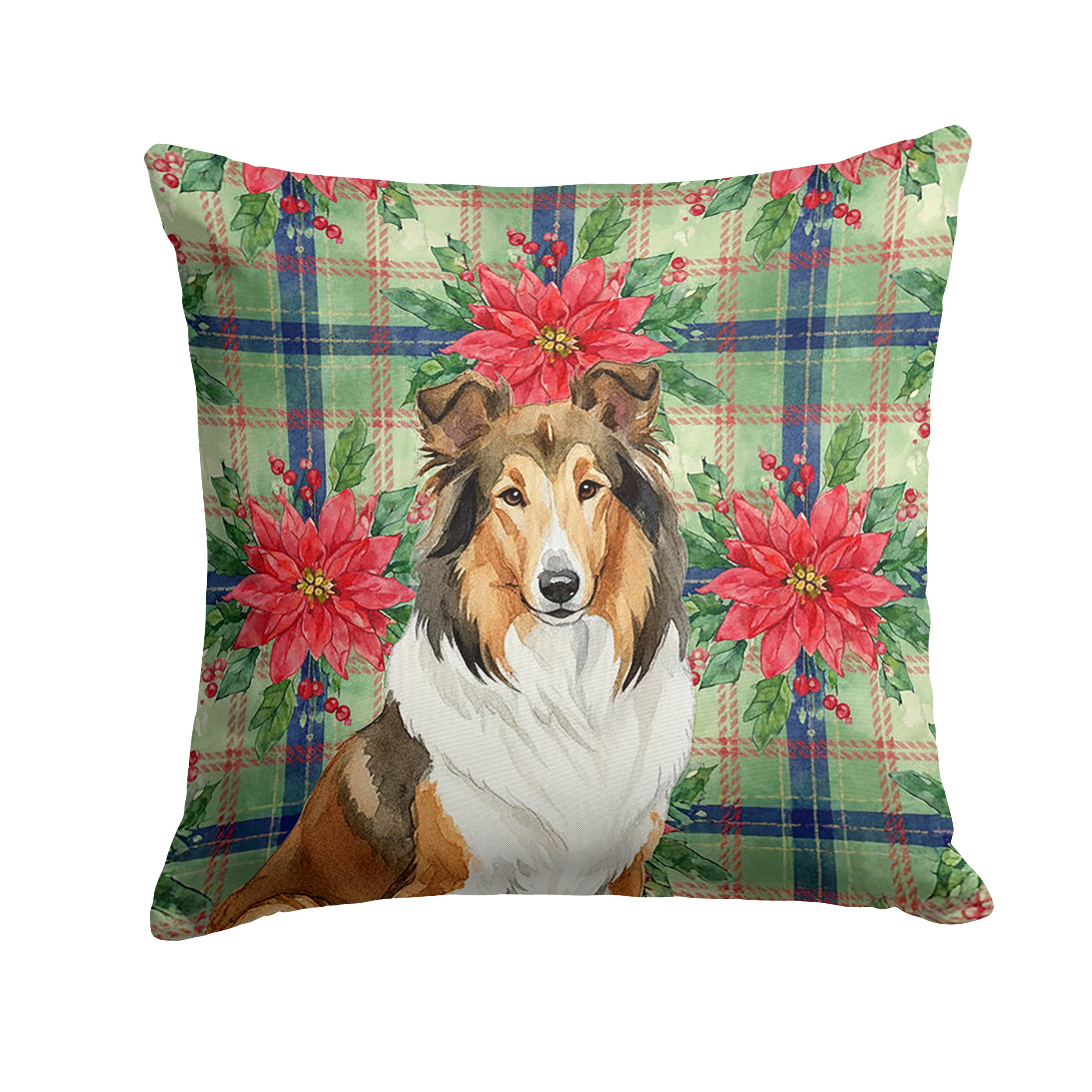 Sable Collie Christmas PoinsettIas Decorative Throw Pillow 14x14 Indoor Outdoor Accent Cushion, Fabric Cover with Insert for Sofa, Bed, Porch & Living Room