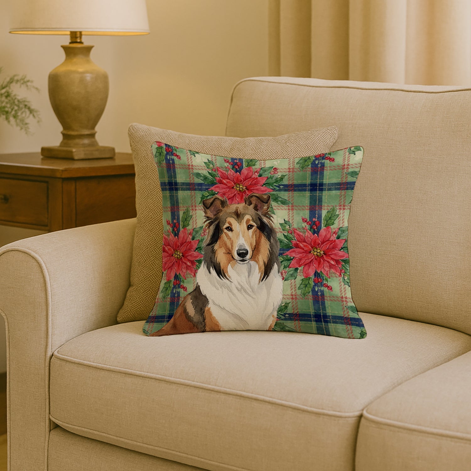 Sable Collie Christmas PoinsettIas Decorative Throw Pillow 18x18 Indoor Outdoor Accent Cushion, Fabric Cover with Insert for Sofa, Bed, Porch & Living Room
