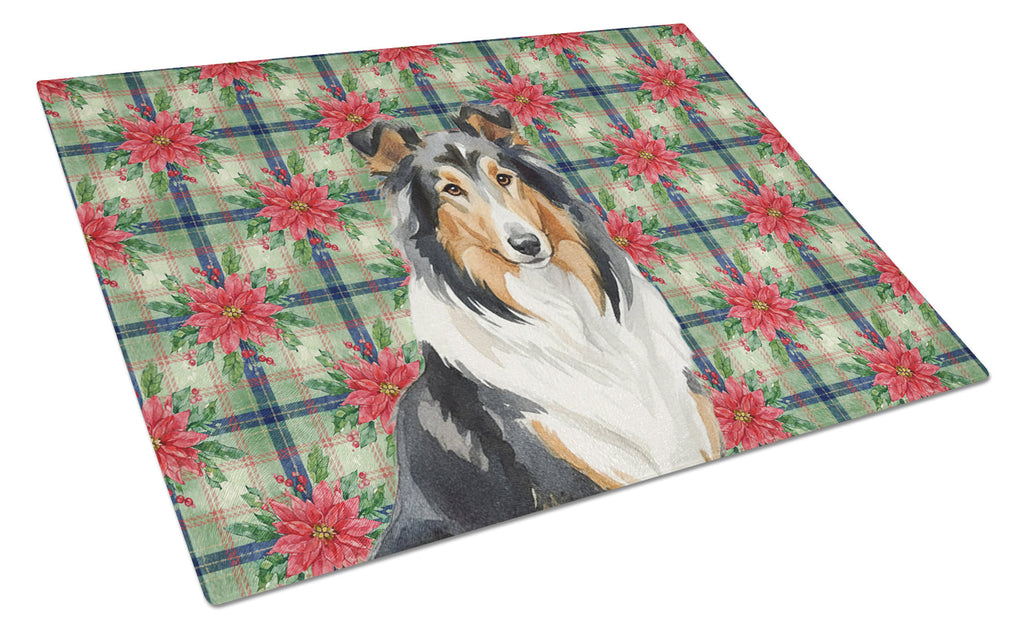 Tricolor Collie Christmas PoinsettIas Cutting Board Tempered Glass Kitchen Cutting Surface, Heat Resistant Chopping, Non-Slip Feet, Food Prep & Serving