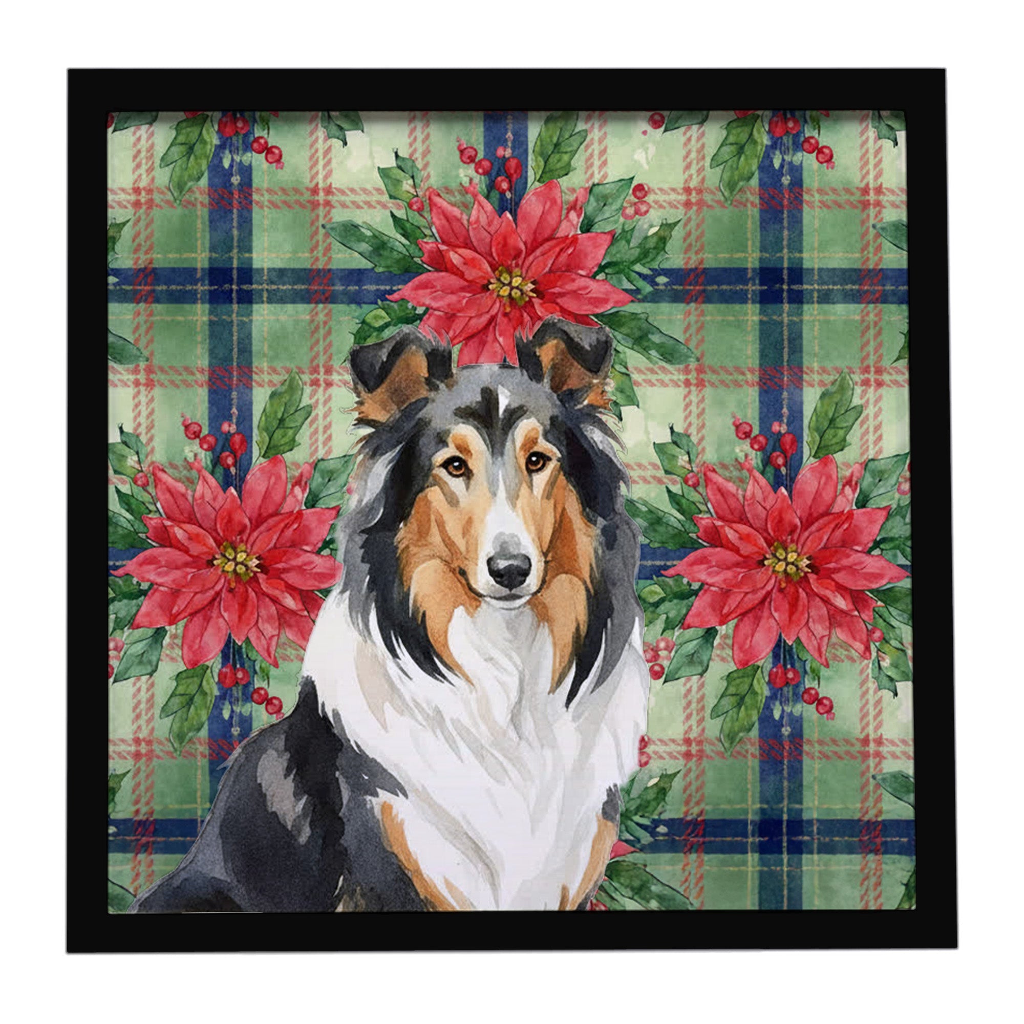 Tricolor Collie Christmas PoinsettIas Framed Metal Print Bathroom, Kitchen, Office, Home Decor Wall Art Ready to Hang, Square, 8X8