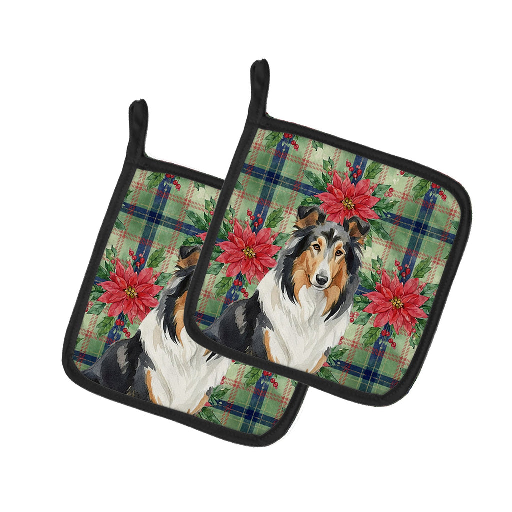 Tricolor Collie Christmas PoinsettIas Pot Holder Set of 2 Heat Resistant Quilted Hot Pads 7.5 x 7.5 Inch, Insulated Kitchen Trivets for Cooking & Baking
