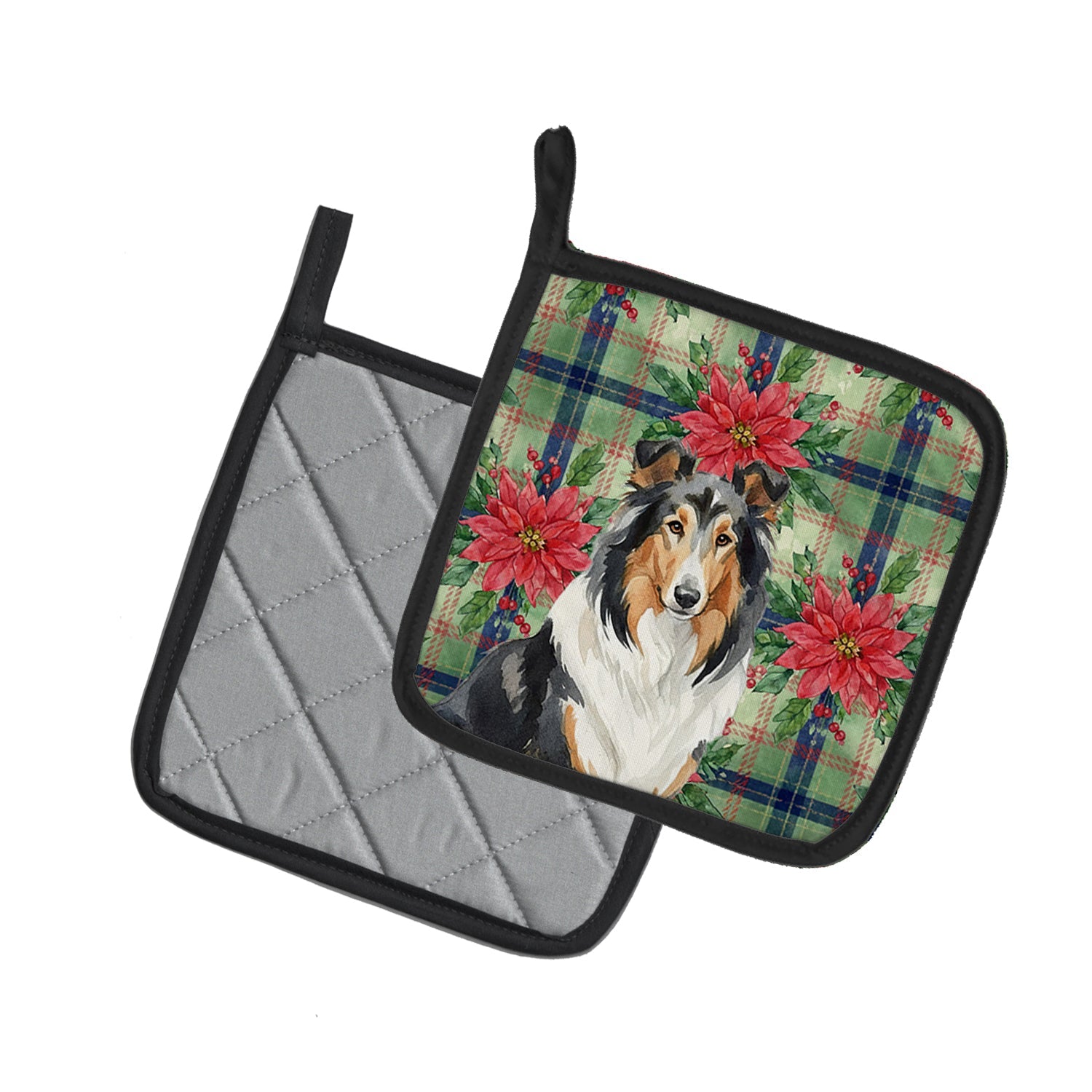 Tricolor Collie Christmas PoinsettIas Pot Holder Set of 2 Heat Resistant Quilted Hot Pads 7.5 x 7.5 Inch, Insulated Kitchen Trivets for Cooking & Baking