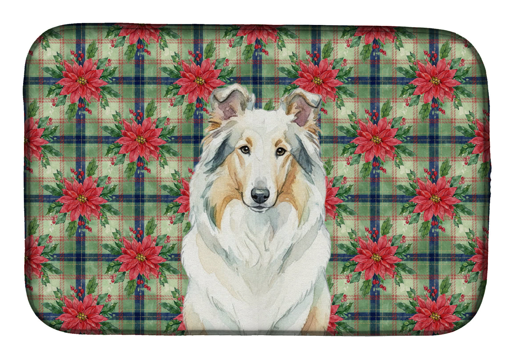 White Collie Christmas PoinsettIas Dish Drying Mat Absorbent Dish Drying Mat Pad for Kitchen Counter Dish Drainer Mat for Countertop, 14 x 21", Multicolor