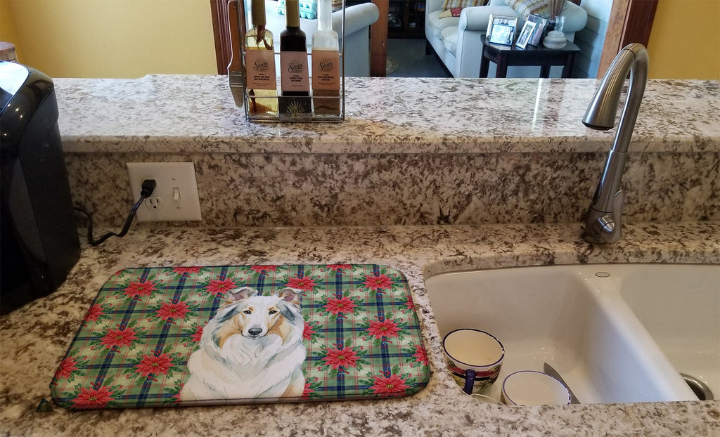 White Collie Christmas PoinsettIas Dish Drying Mat Absorbent Dish Drying Mat Pad for Kitchen Counter Dish Drainer Mat for Countertop, 14 x 21", Multicolor
